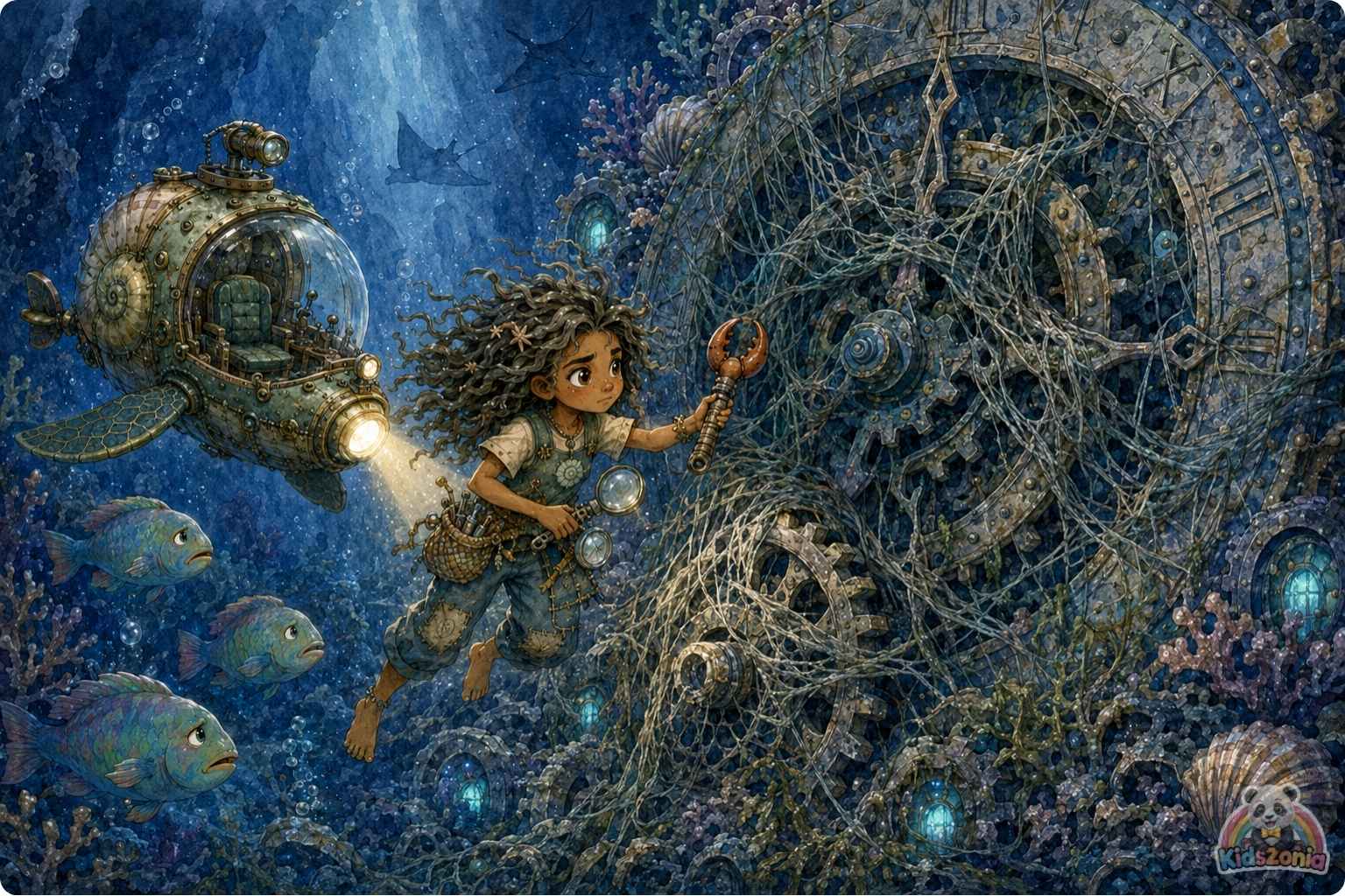 Kaya piloting her Nautilus-Scout near the Great Coral Clock in the Sapphire Trench, removing ghost nets to help heal the ocean and protect marine life.