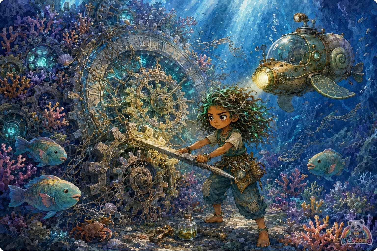 Kaya piloting her Nautilus-Scout near the Great Coral Clock in the Sapphire Trench, removing ghost nets to help heal the ocean and protect marine life.