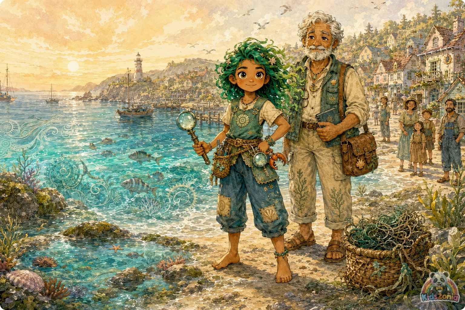 Kaya piloting her Nautilus-Scout near the Great Coral Clock in the Sapphire Trench, removing ghost nets to help heal the ocean and protect marine life.
