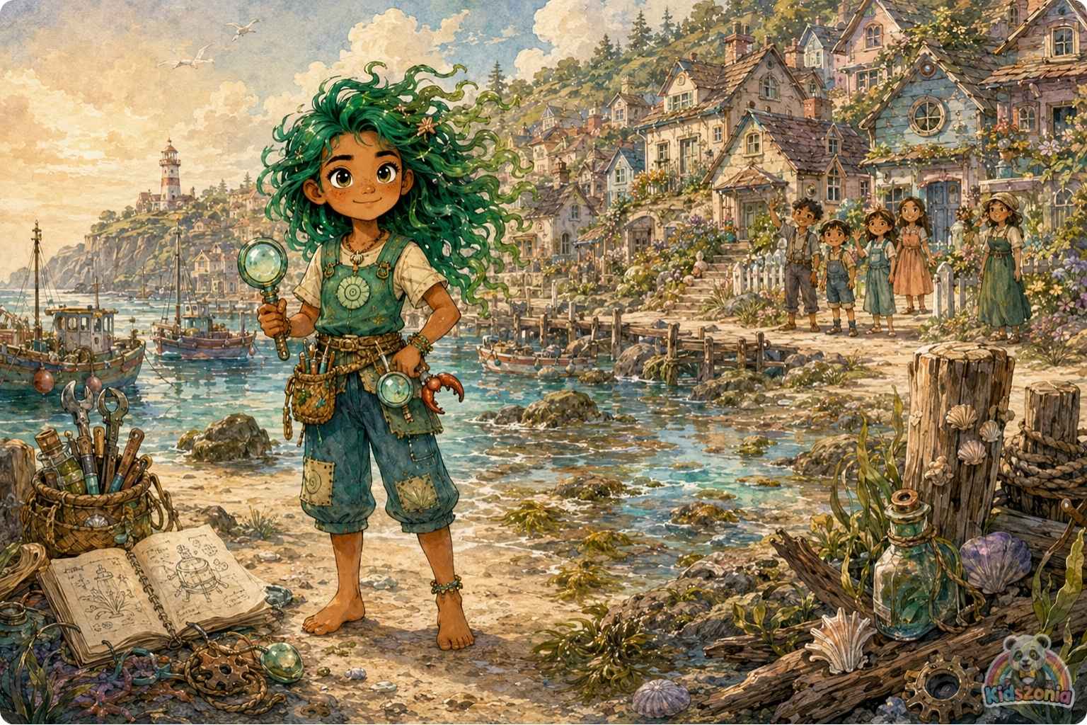 Kaya piloting her Nautilus-Scout near the Great Coral Clock in the Sapphire Trench, removing ghost nets to help heal the ocean and protect marine life.