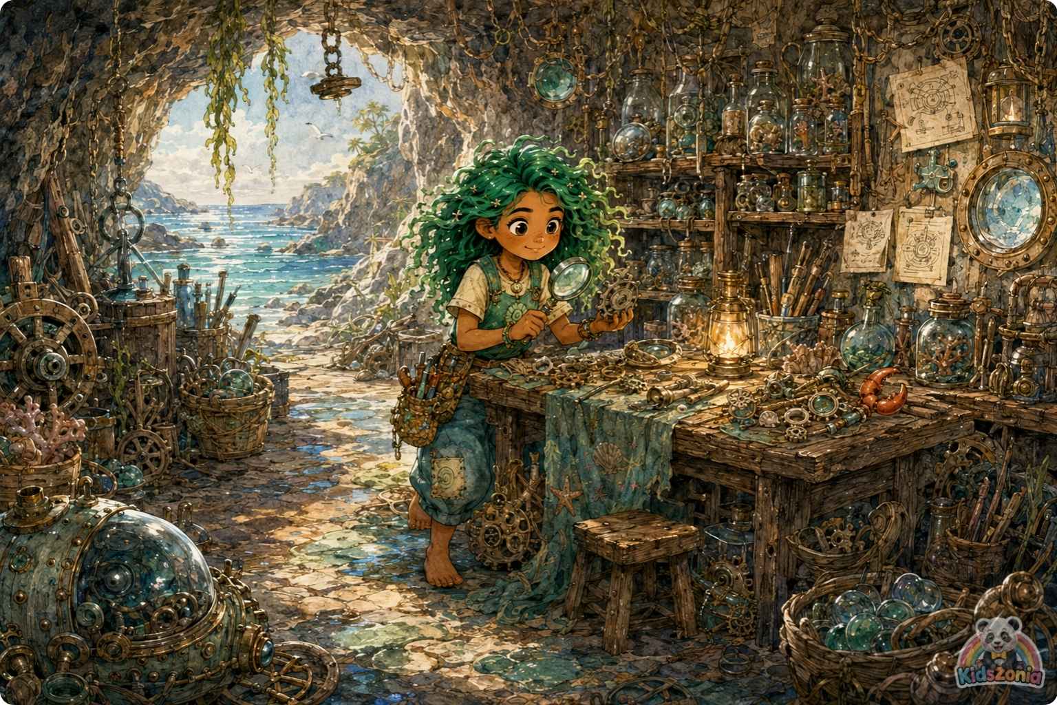 Kaya piloting her Nautilus-Scout near the Great Coral Clock in the Sapphire Trench, removing ghost nets to help heal the ocean and protect marine life.