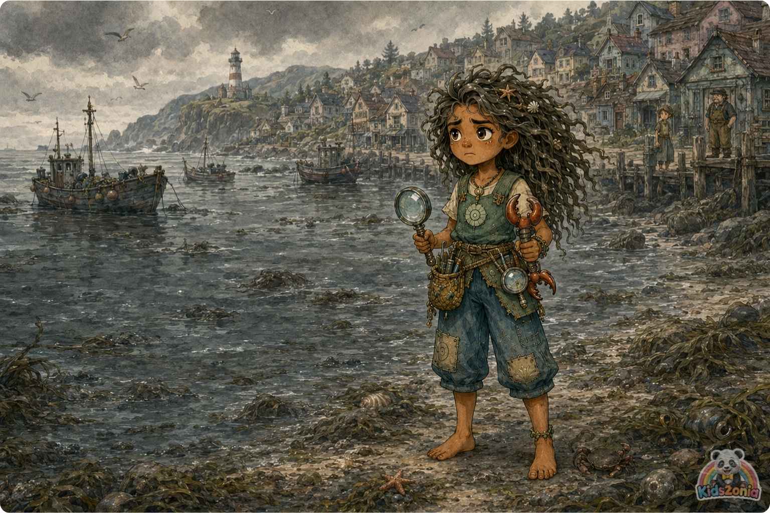 Kaya piloting her Nautilus-Scout near the Great Coral Clock in the Sapphire Trench, removing ghost nets to help heal the ocean and protect marine life.
