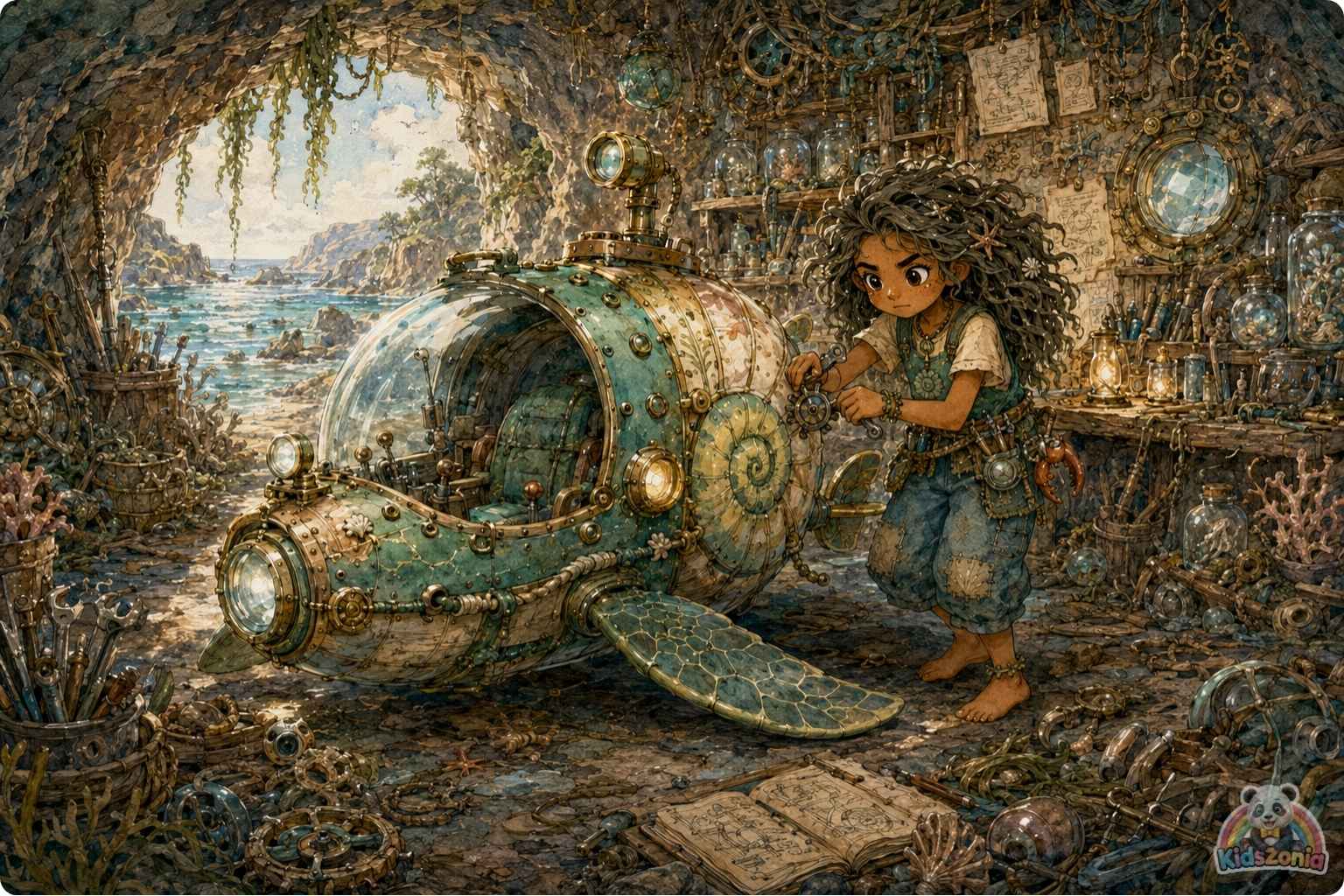 Kaya piloting her Nautilus-Scout near the Great Coral Clock in the Sapphire Trench, removing ghost nets to help heal the ocean and protect marine life.