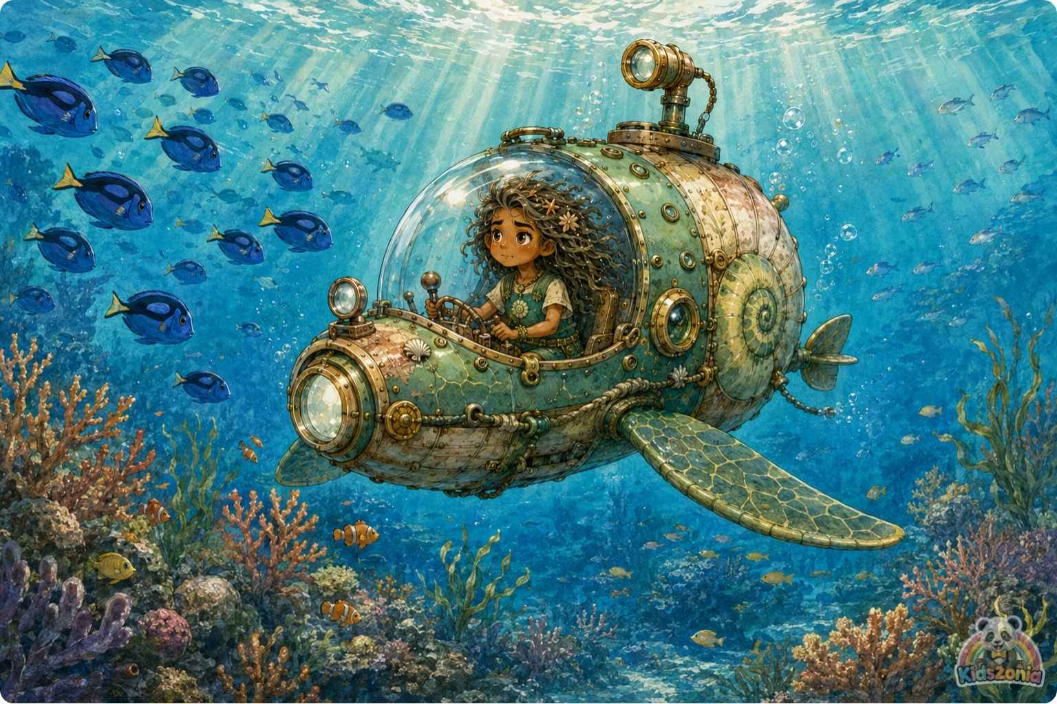 Kaya piloting her Nautilus-Scout near the Great Coral Clock in the Sapphire Trench, removing ghost nets to help heal the ocean and protect marine life.