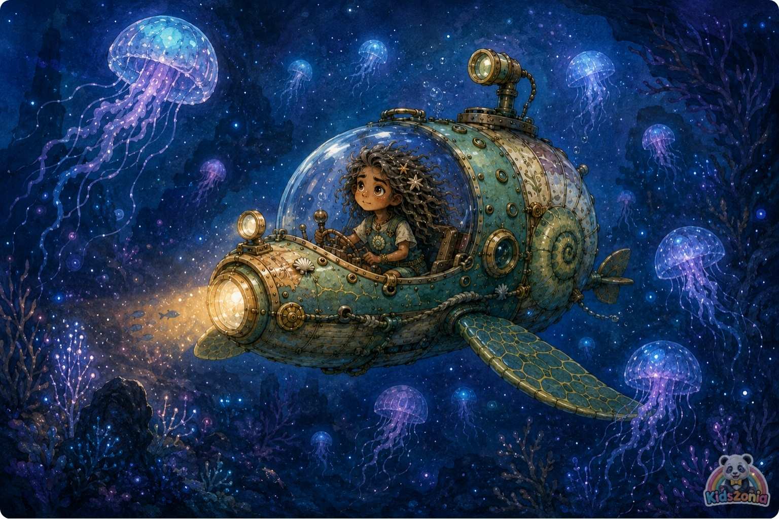Kaya piloting her Nautilus-Scout near the Great Coral Clock in the Sapphire Trench, removing ghost nets to help heal the ocean and protect marine life.
