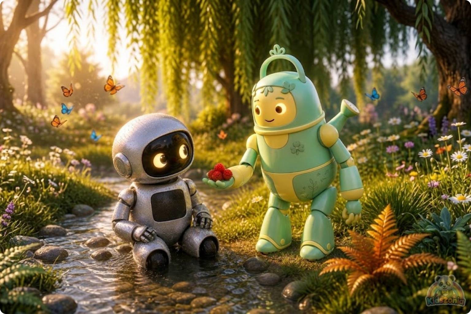 Bolt the little robot exploring a glowing meadow with Daisy after leaving his screen behind, showing screen-free adventure, nature, friendship, and real-world wonder.