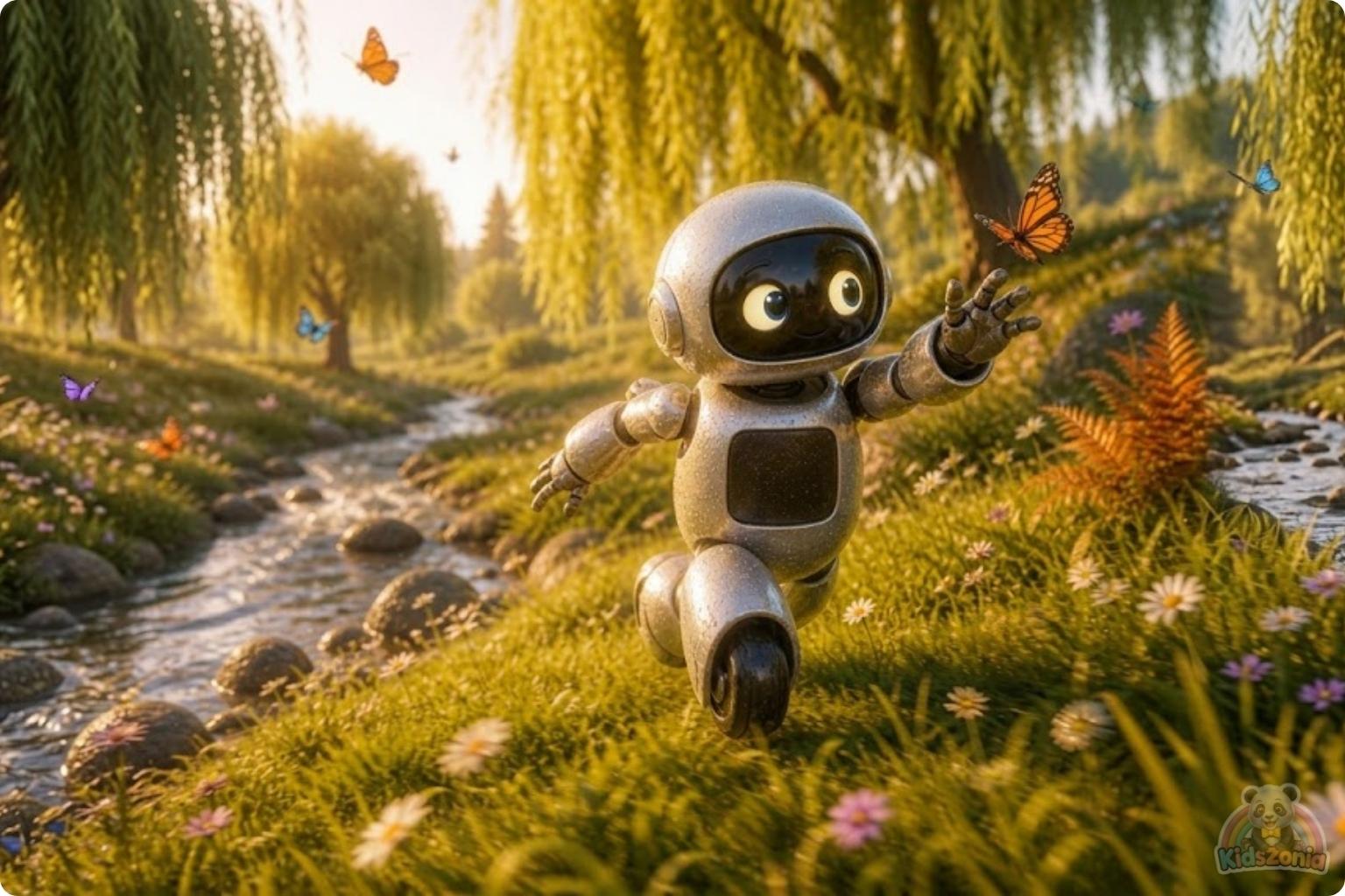 Bolt the little robot exploring a glowing meadow with Daisy after leaving his screen behind, showing screen-free adventure, nature, friendship, and real-world wonder.