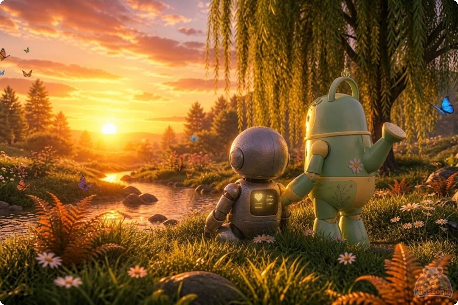 Bolt the little robot exploring a glowing meadow with Daisy after leaving his screen behind, showing screen-free adventure, nature, friendship, and real-world wonder.