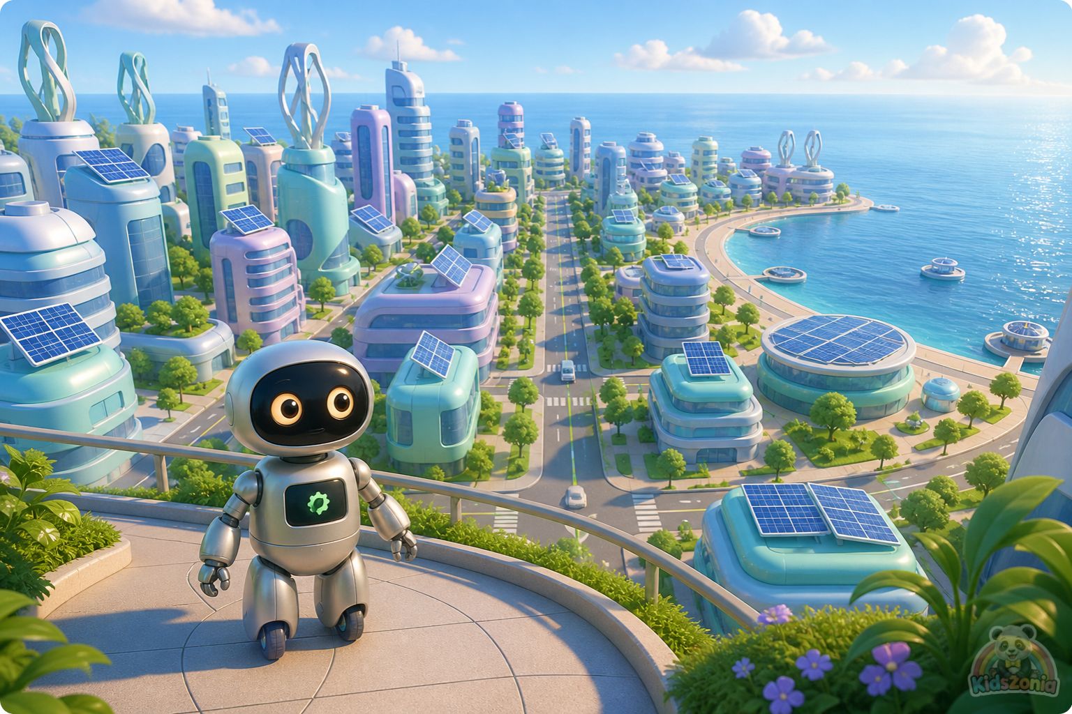 Bolt the little robot exploring a glowing meadow with Daisy after leaving his screen behind, showing screen-free adventure, nature, friendship, and real-world wonder.