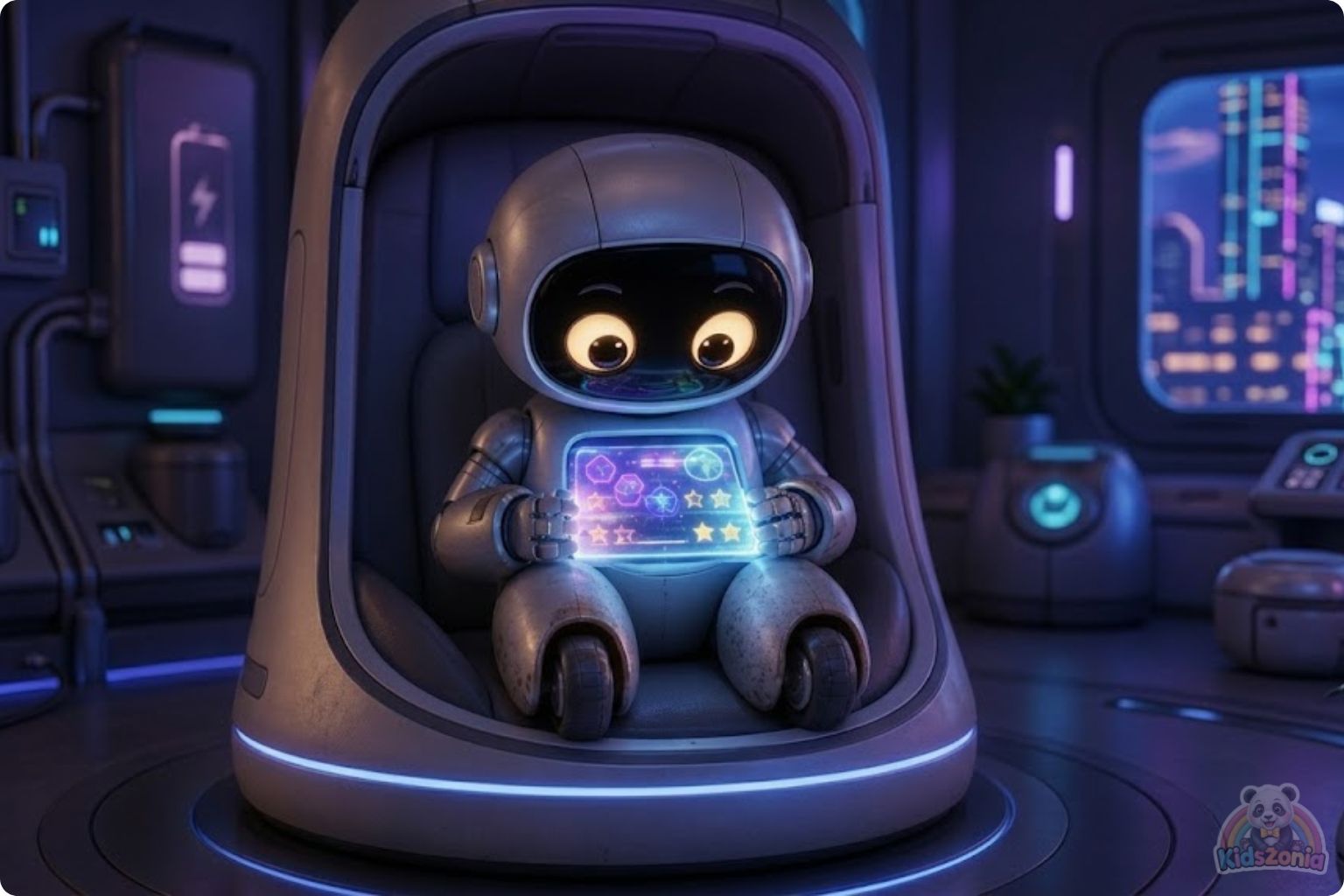 Bolt the little robot exploring a glowing meadow with Daisy after leaving his screen behind, showing screen-free adventure, nature, friendship, and real-world wonder.