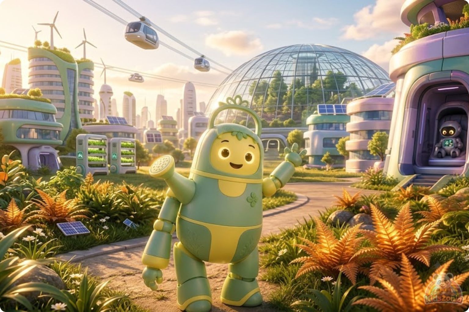 Bolt the little robot exploring a glowing meadow with Daisy after leaving his screen behind, showing screen-free adventure, nature, friendship, and real-world wonder.