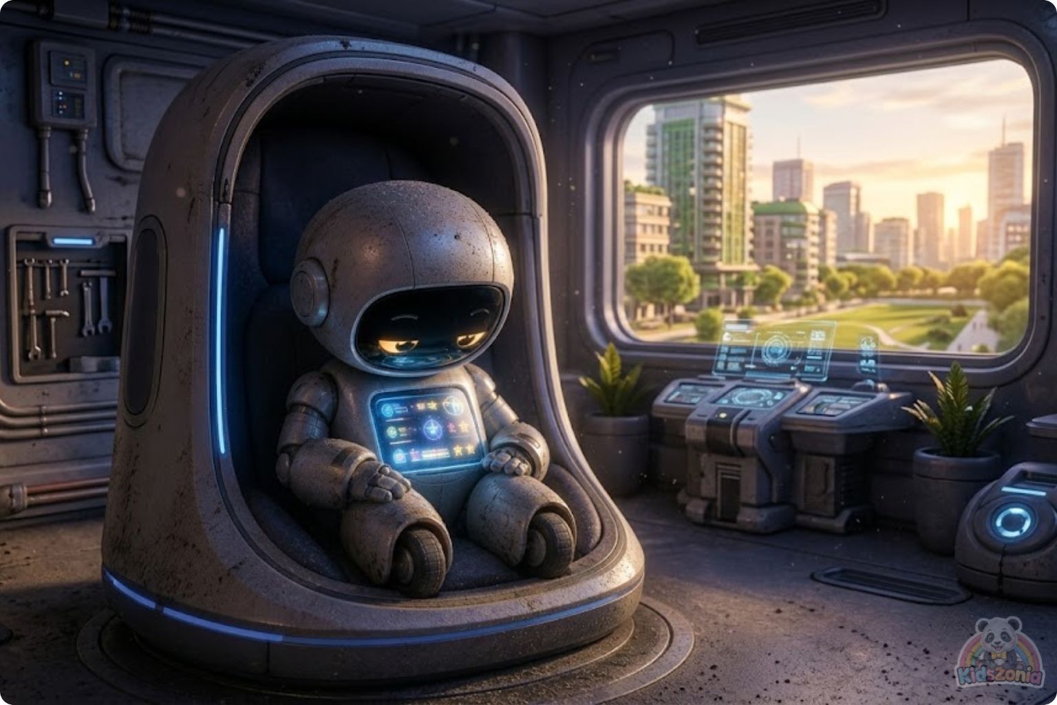 Bolt the little robot exploring a glowing meadow with Daisy after leaving his screen behind, showing screen-free adventure, nature, friendship, and real-world wonder.
