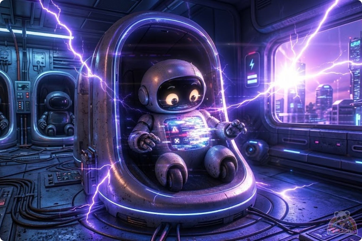 Bolt the little robot exploring a glowing meadow with Daisy after leaving his screen behind, showing screen-free adventure, nature, friendship, and real-world wonder.