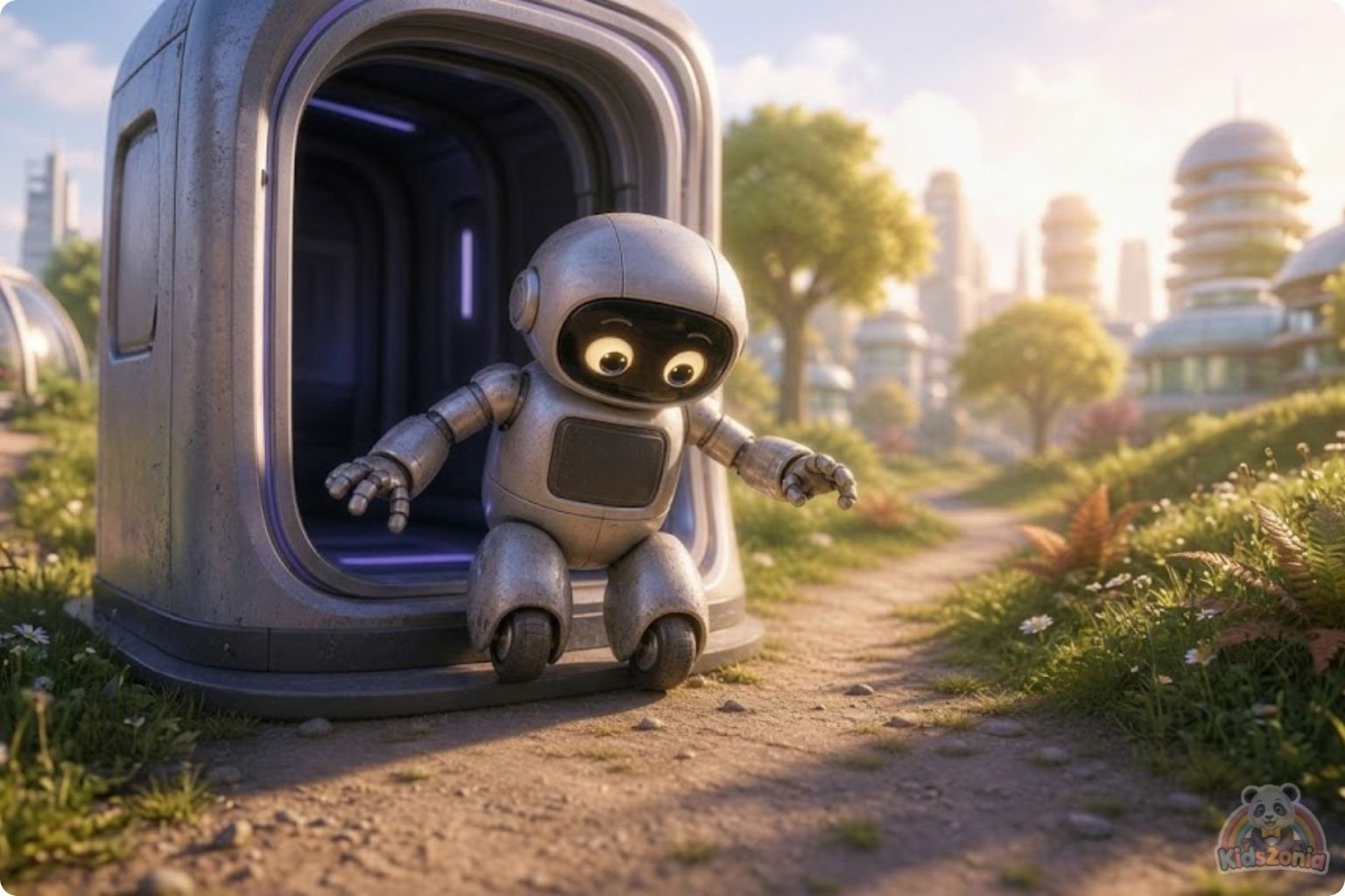 Bolt the little robot exploring a glowing meadow with Daisy after leaving his screen behind, showing screen-free adventure, nature, friendship, and real-world wonder.