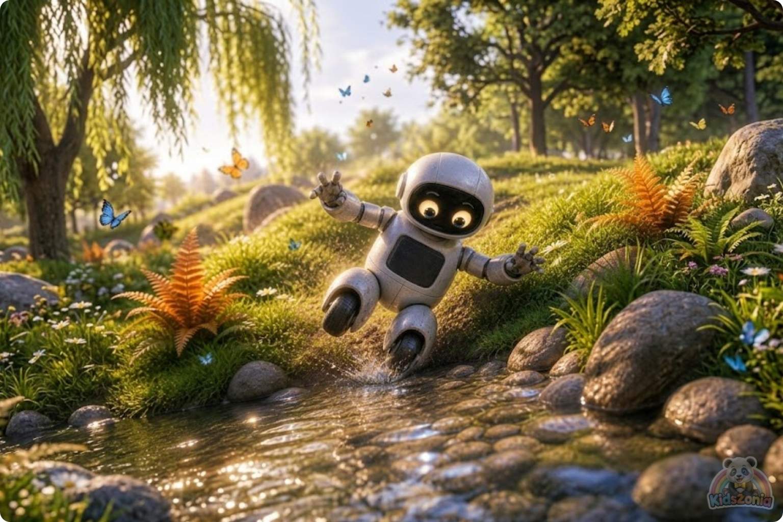 Bolt the little robot exploring a glowing meadow with Daisy after leaving his screen behind, showing screen-free adventure, nature, friendship, and real-world wonder.
