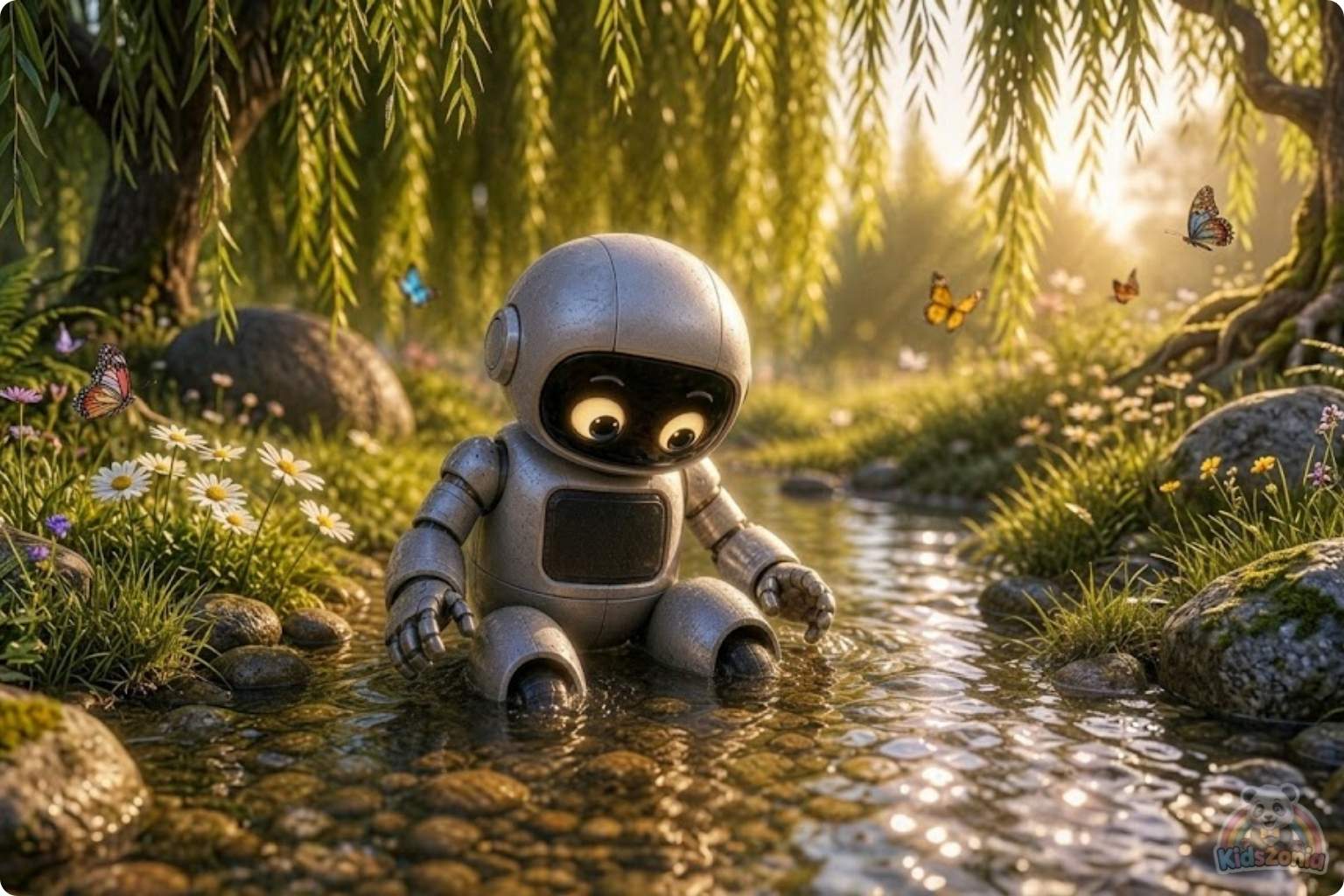 Bolt the little robot exploring a glowing meadow with Daisy after leaving his screen behind, showing screen-free adventure, nature, friendship, and real-world wonder.
