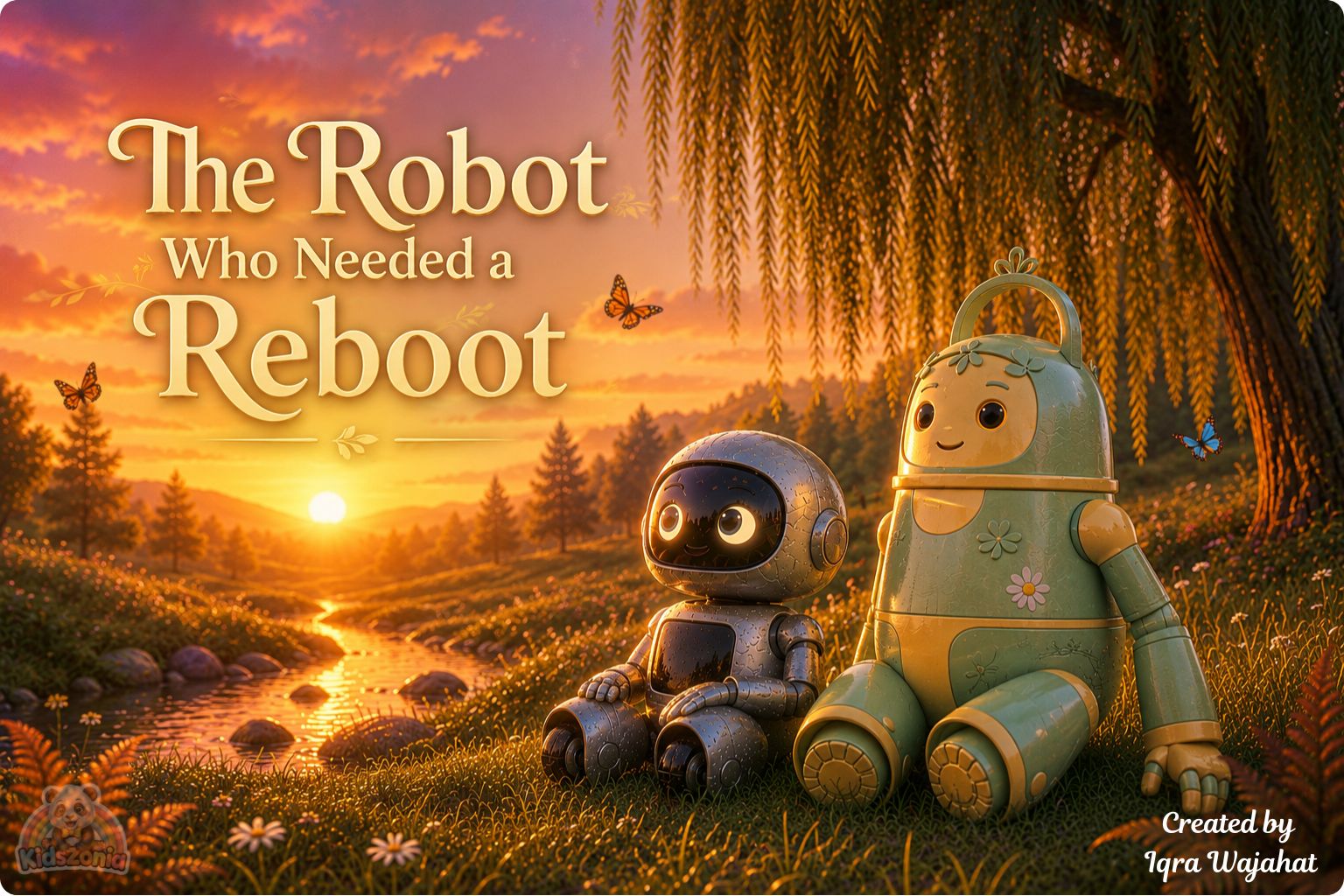 Bolt the little robot exploring a glowing meadow with Daisy after leaving his screen behind, showing screen-free adventure, nature, friendship, and real-world wonder.