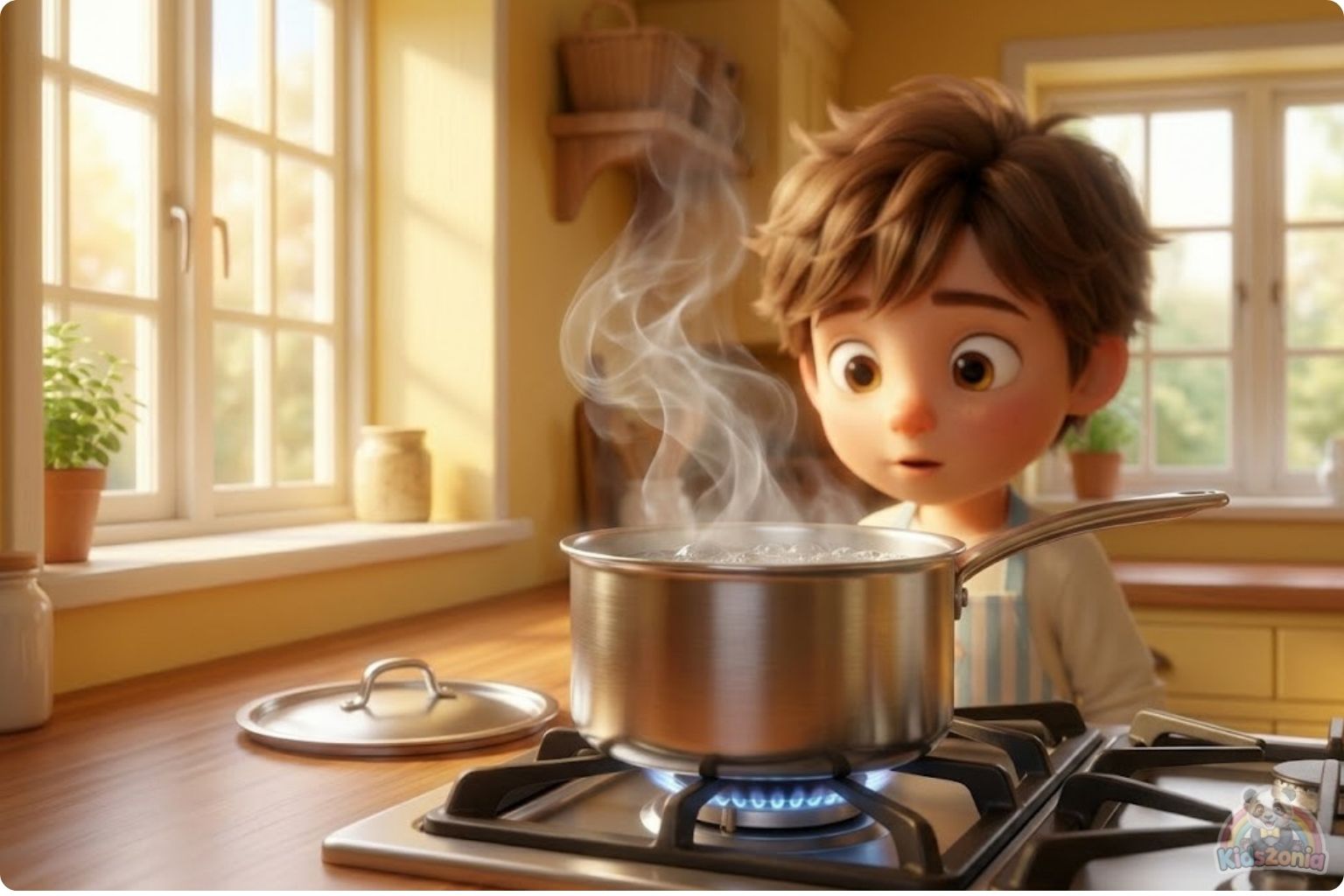 Oliver watching steam turn into tiny drops under a cold lid in his Kitchen Corner, showing clouds, rain, curiosity, simple science, and the water cycle.
