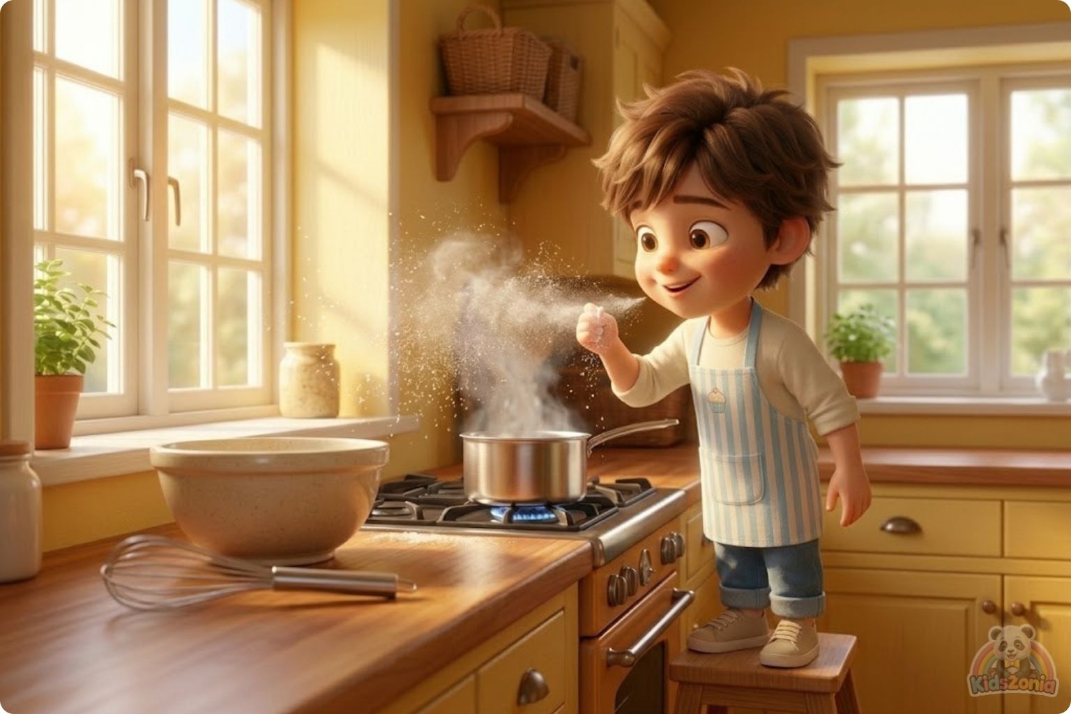 Oliver watching steam turn into tiny drops under a cold lid in his Kitchen Corner, showing clouds, rain, curiosity, simple science, and the water cycle.