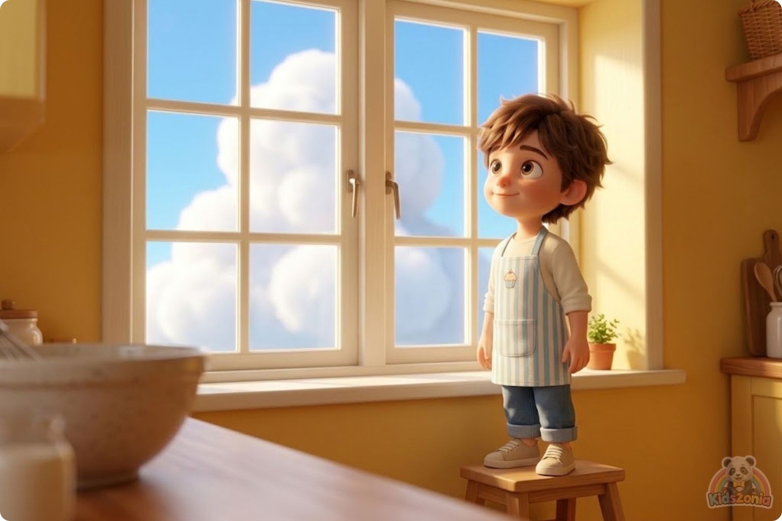 Oliver watching steam turn into tiny drops under a cold lid in his Kitchen Corner, showing clouds, rain, curiosity, simple science, and the water cycle.