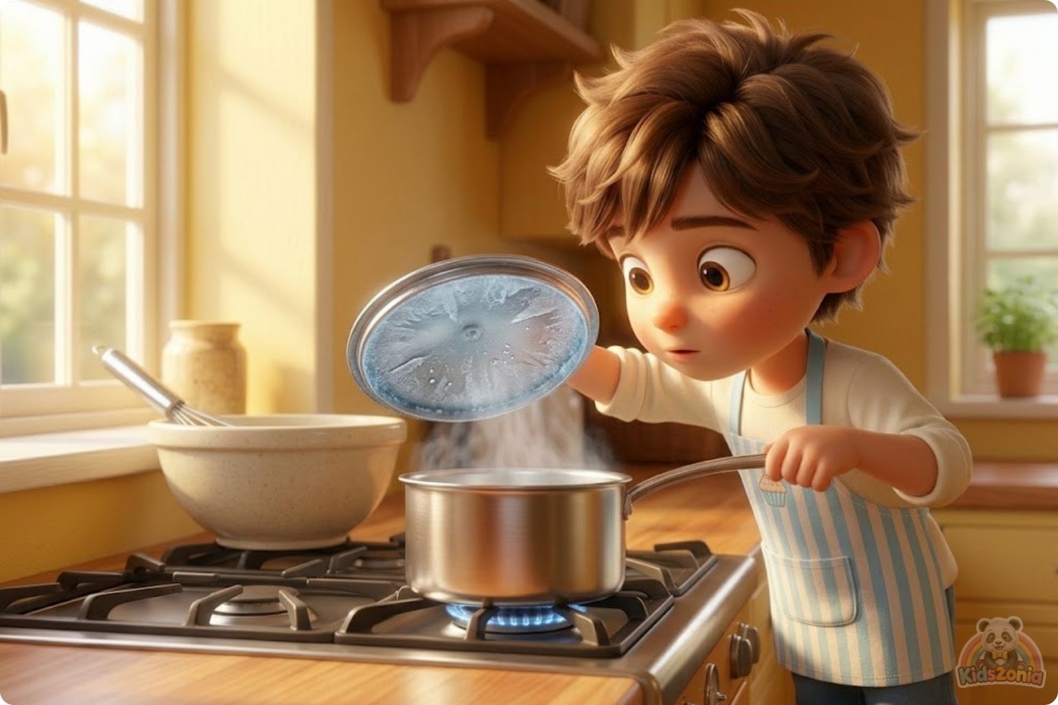 Oliver watching steam turn into tiny drops under a cold lid in his Kitchen Corner, showing clouds, rain, curiosity, simple science, and the water cycle.
