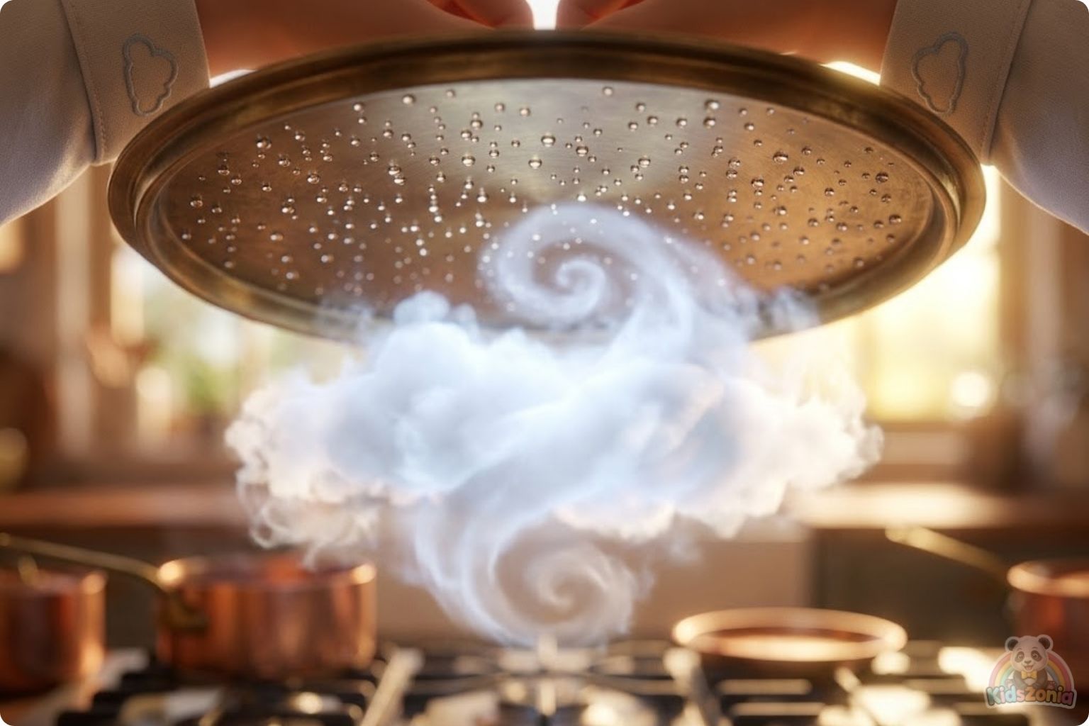 Oliver watching steam turn into tiny drops under a cold lid in his Kitchen Corner, showing clouds, rain, curiosity, simple science, and the water cycle.