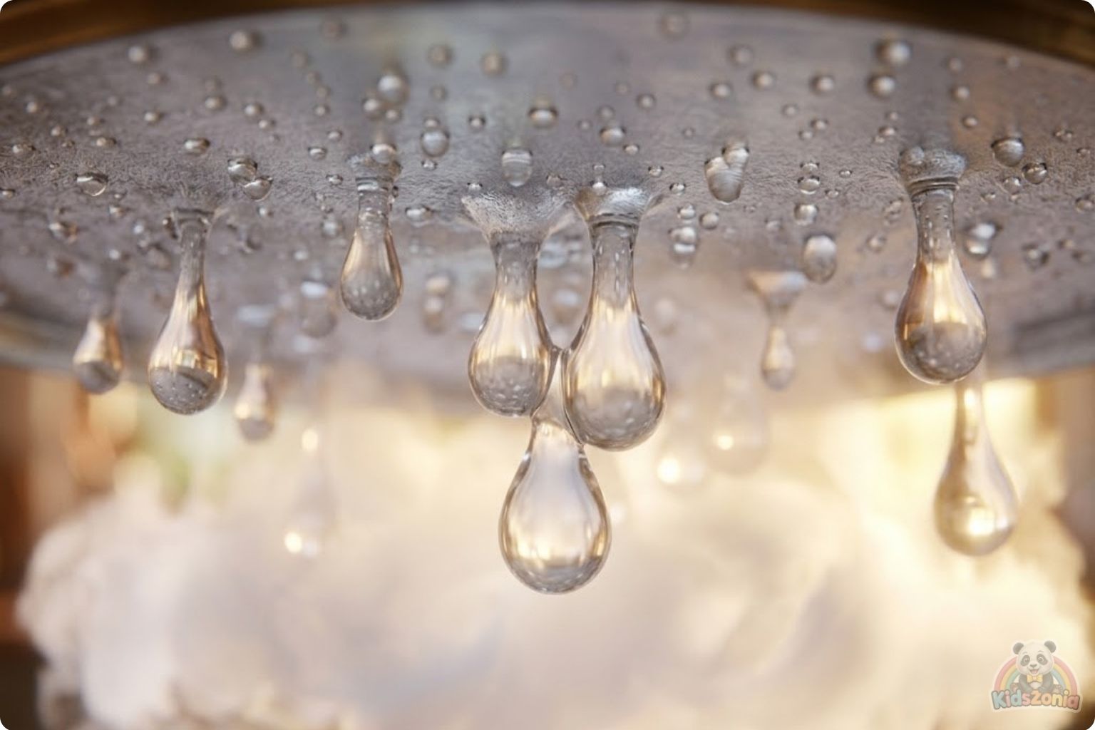 Oliver watching steam turn into tiny drops under a cold lid in his Kitchen Corner, showing clouds, rain, curiosity, simple science, and the water cycle.
