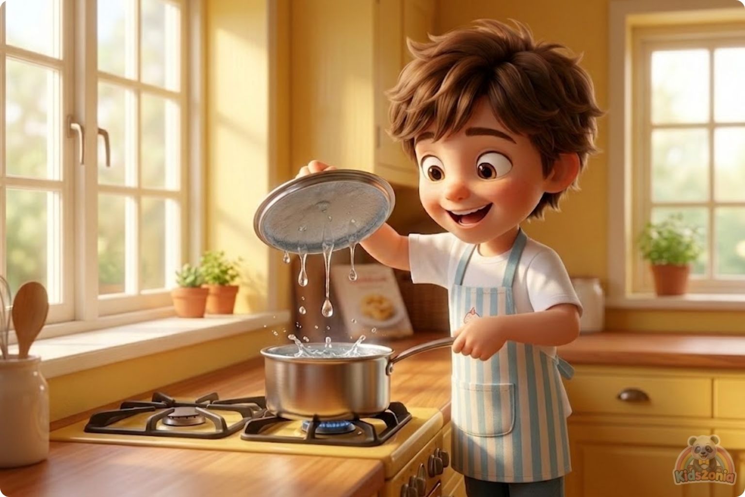 Oliver watching steam turn into tiny drops under a cold lid in his Kitchen Corner, showing clouds, rain, curiosity, simple science, and the water cycle.