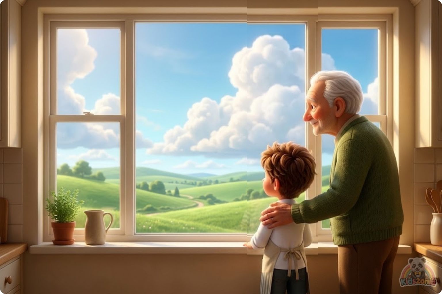Oliver watching steam turn into tiny drops under a cold lid in his Kitchen Corner, showing clouds, rain, curiosity, simple science, and the water cycle.