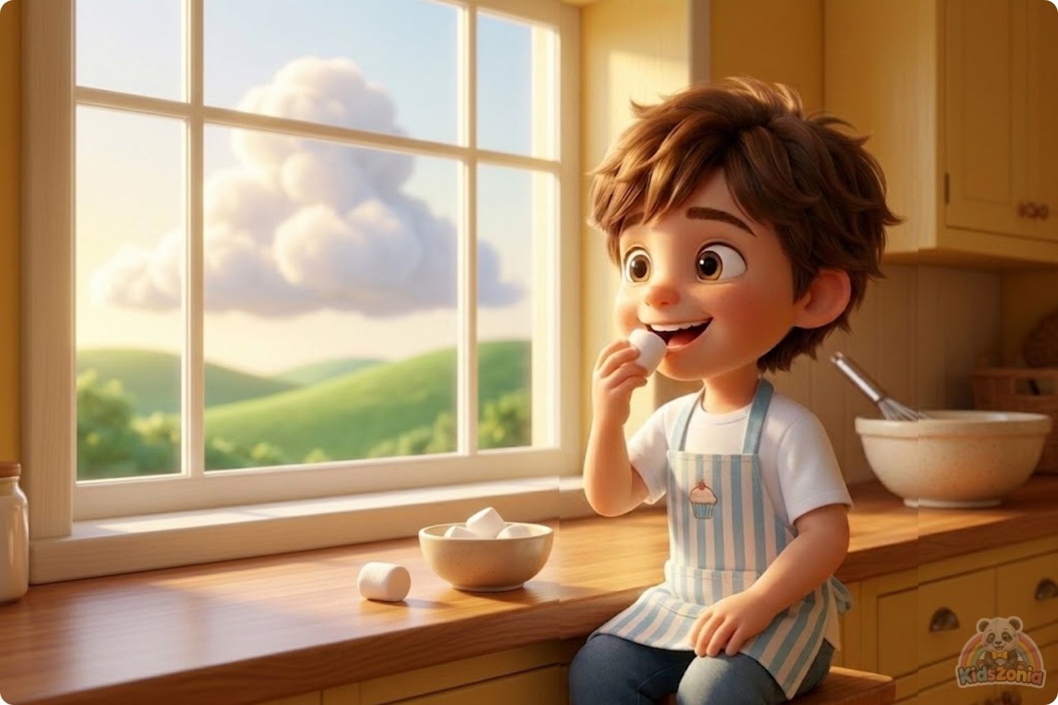 Oliver watching steam turn into tiny drops under a cold lid in his Kitchen Corner, showing clouds, rain, curiosity, simple science, and the water cycle.