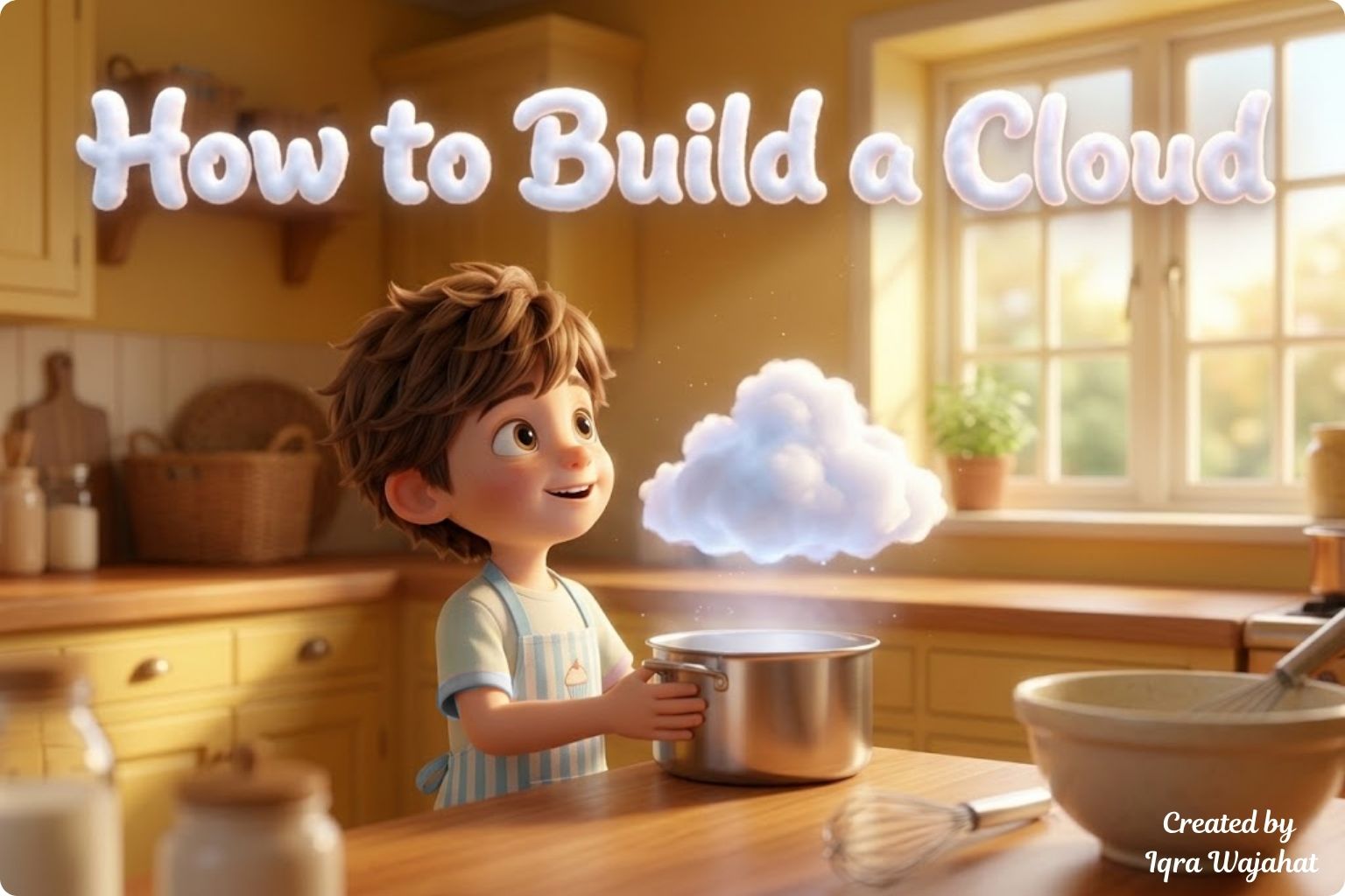 Oliver watching steam turn into tiny drops under a cold lid in his Kitchen Corner, showing clouds, rain, curiosity, simple science, and the water cycle.