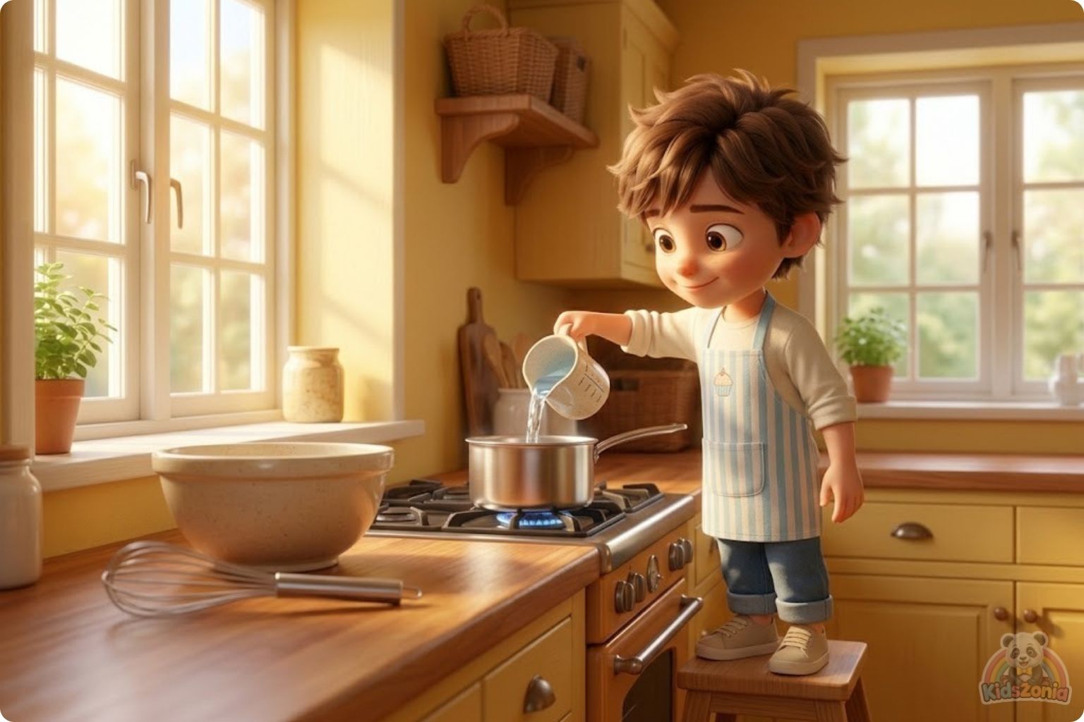 Oliver watching steam turn into tiny drops under a cold lid in his Kitchen Corner, showing clouds, rain, curiosity, simple science, and the water cycle.