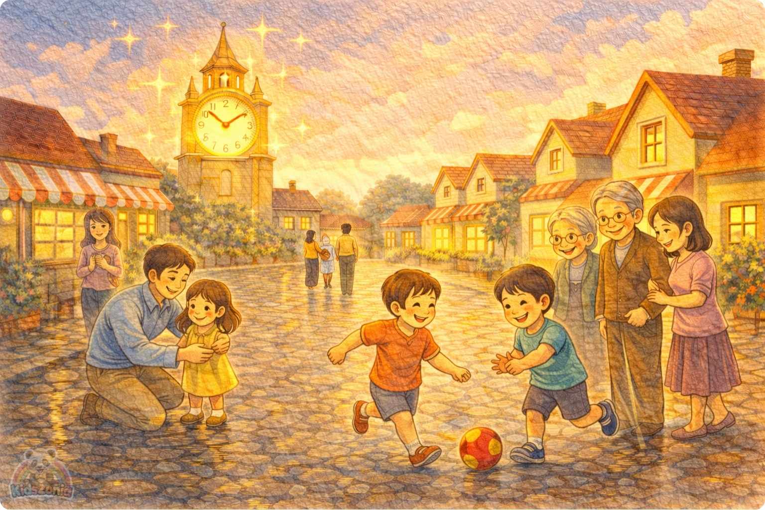 Lina helping people in Silverbell as the golden kindness clock tower begins ticking again, showing kindness, empathy, community care, and positive change.