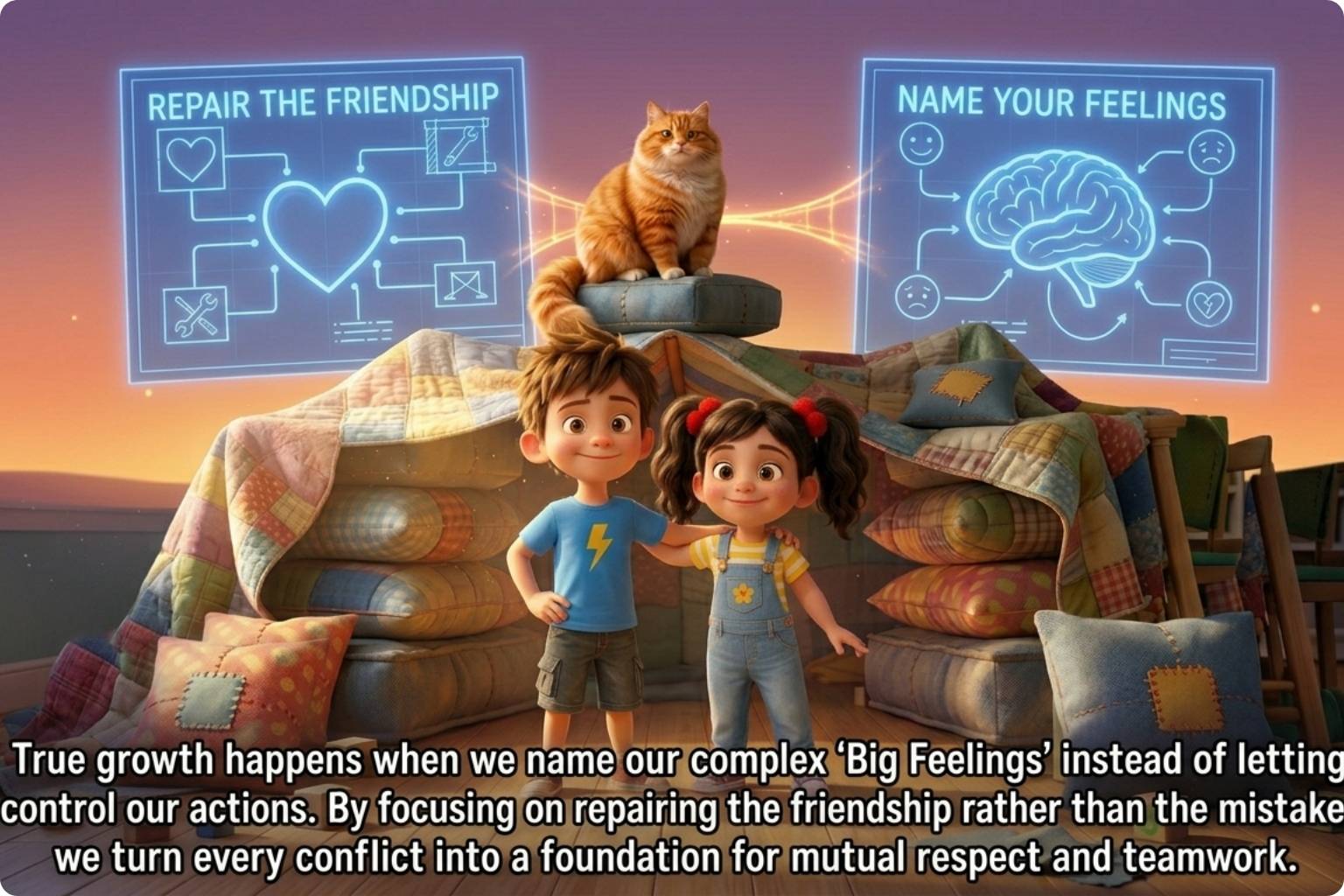 Leo and Maya rebuilding a blanket fort together after a mistake, showing big feelings, apology, teamwork, respect, and friendship repair.