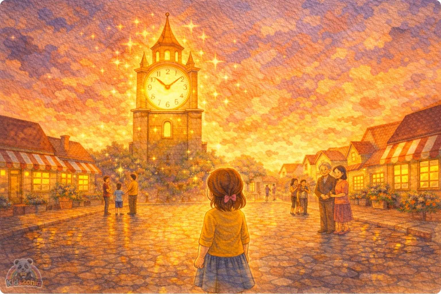 Lina helping people in Silverbell as the golden kindness clock tower begins ticking again, showing kindness, empathy, community care, and positive change.