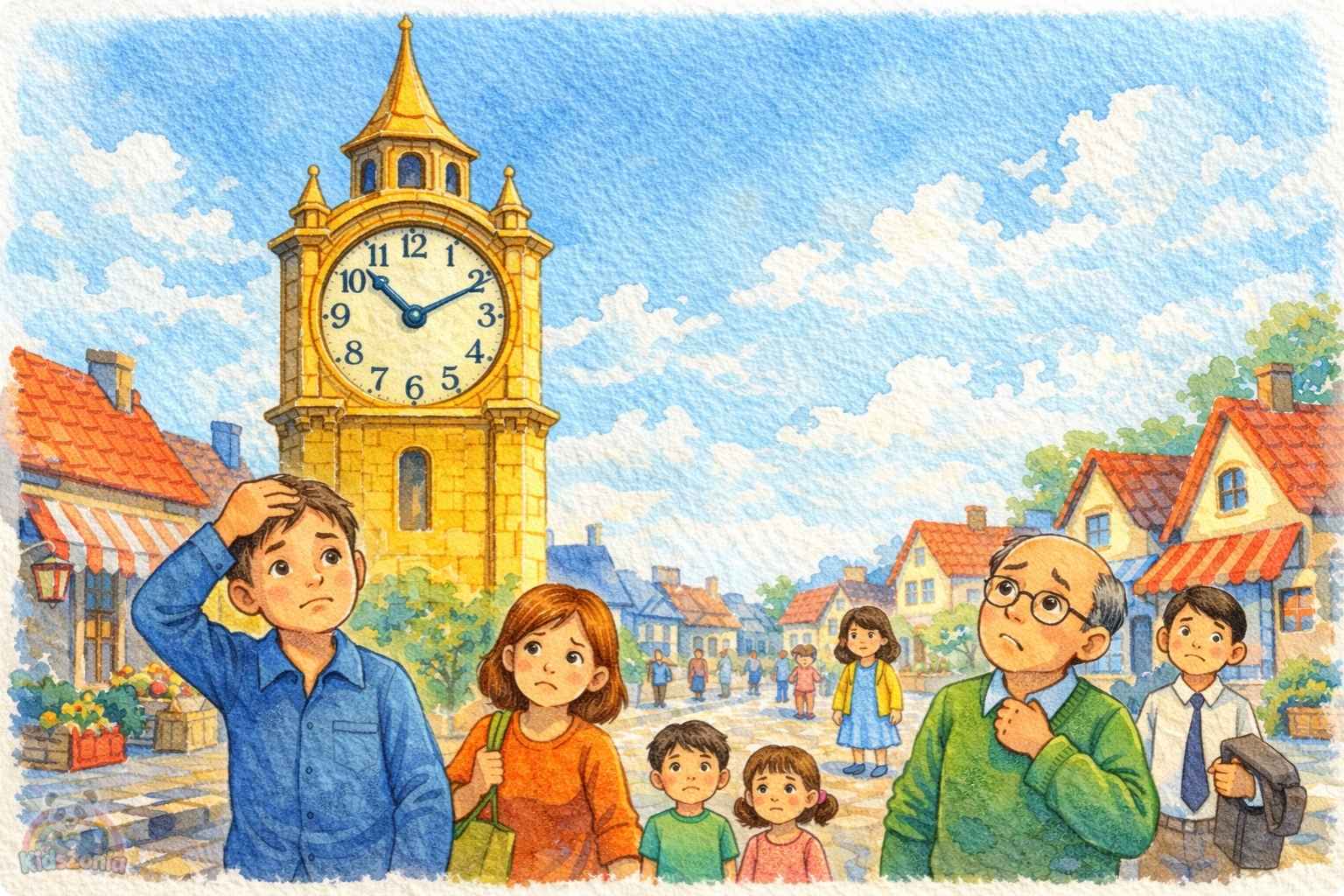 Lina helping people in Silverbell as the golden kindness clock tower begins ticking again, showing kindness, empathy, community care, and positive change.