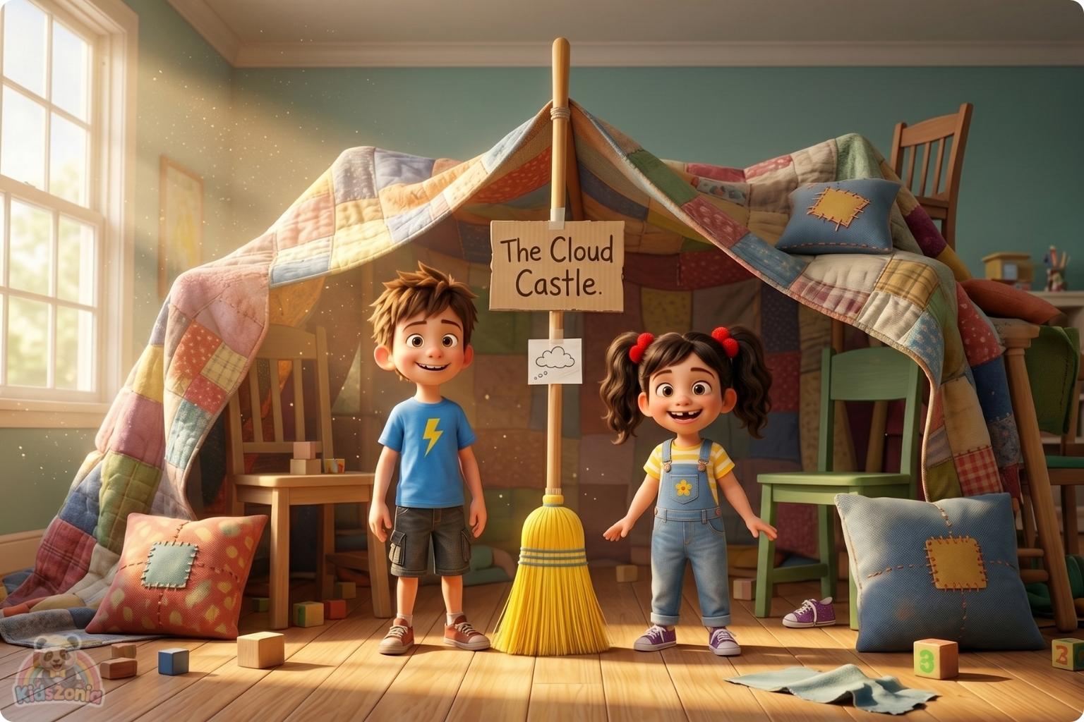 Leo and Maya rebuilding a blanket fort together after a mistake, showing big feelings, apology, teamwork, respect, and friendship repair.