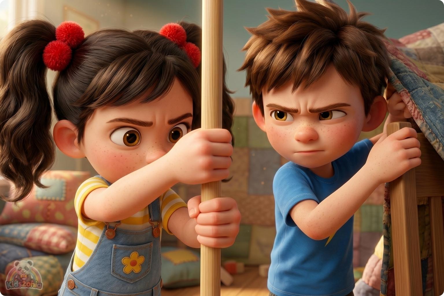 Leo and Maya rebuilding a blanket fort together after a mistake, showing big feelings, apology, teamwork, respect, and friendship repair.