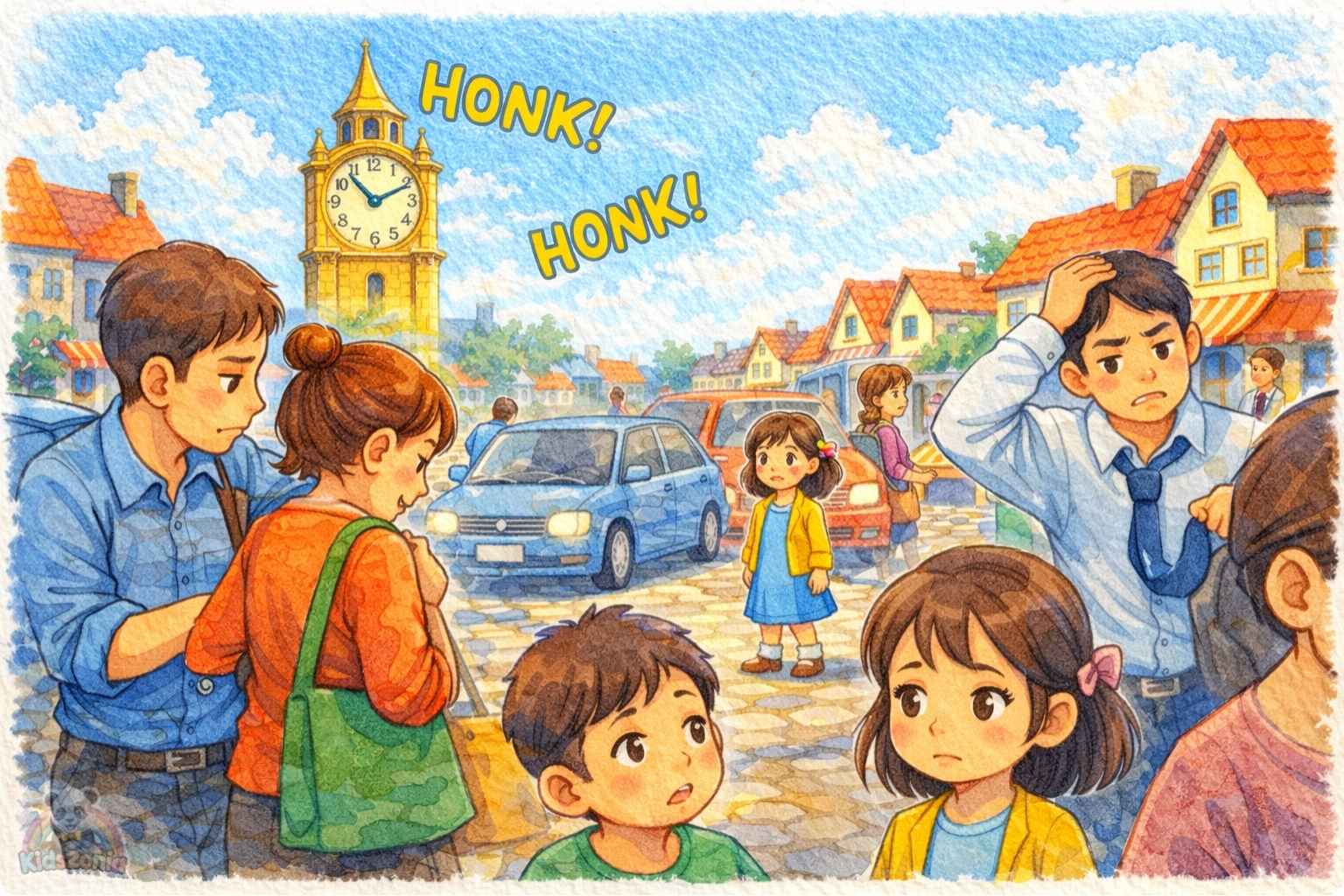 Lina helping people in Silverbell as the golden kindness clock tower begins ticking again, showing kindness, empathy, community care, and positive change.