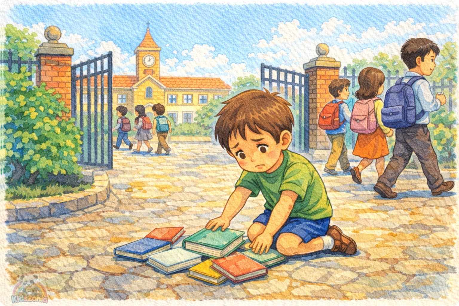 Lina helping people in Silverbell as the golden kindness clock tower begins ticking again, showing kindness, empathy, community care, and positive change.