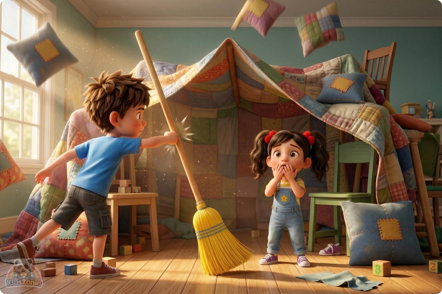 Leo and Maya rebuilding a blanket fort together after a mistake, showing big feelings, apology, teamwork, respect, and friendship repair.