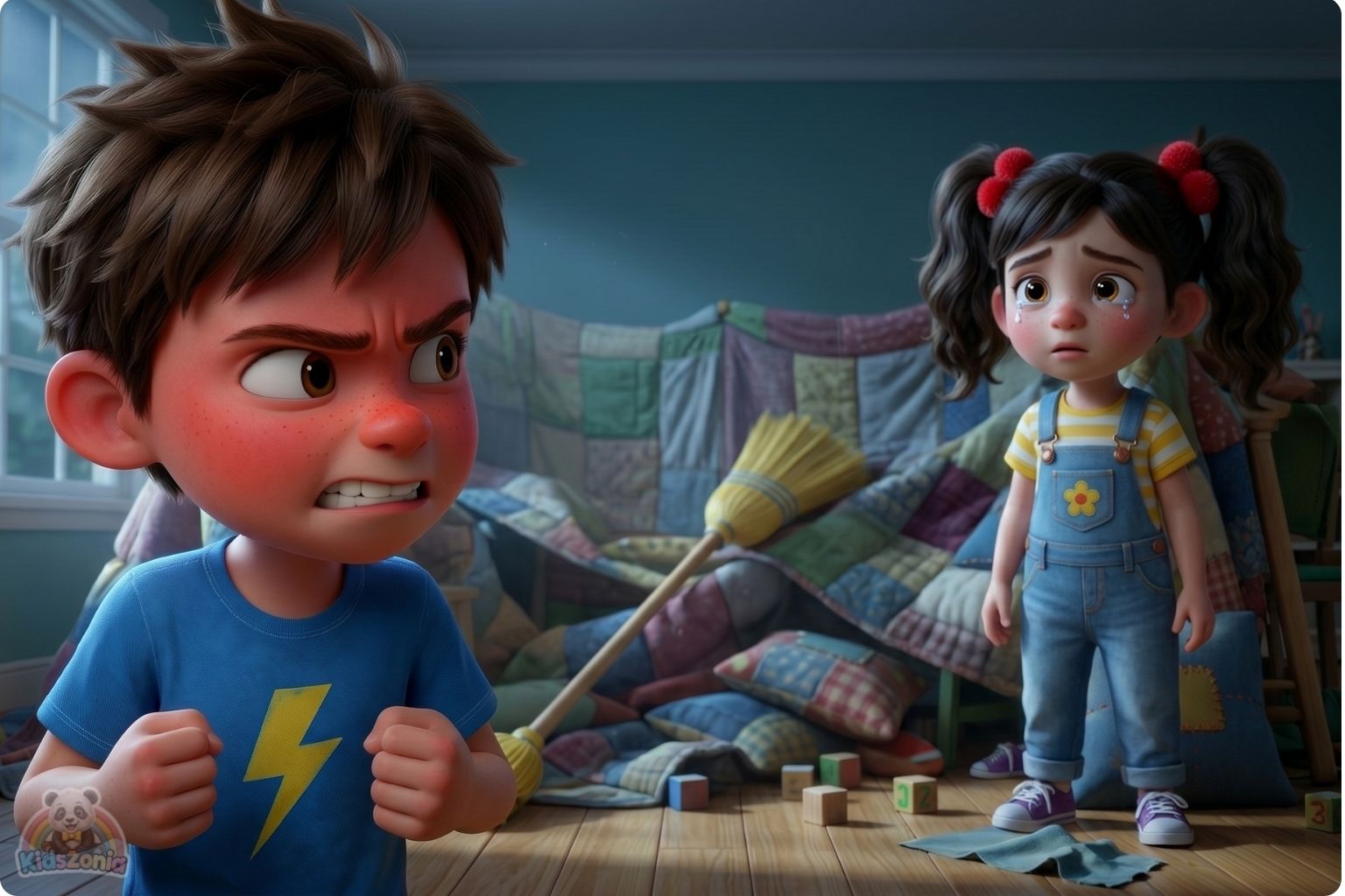 Leo and Maya rebuilding a blanket fort together after a mistake, showing big feelings, apology, teamwork, respect, and friendship repair.