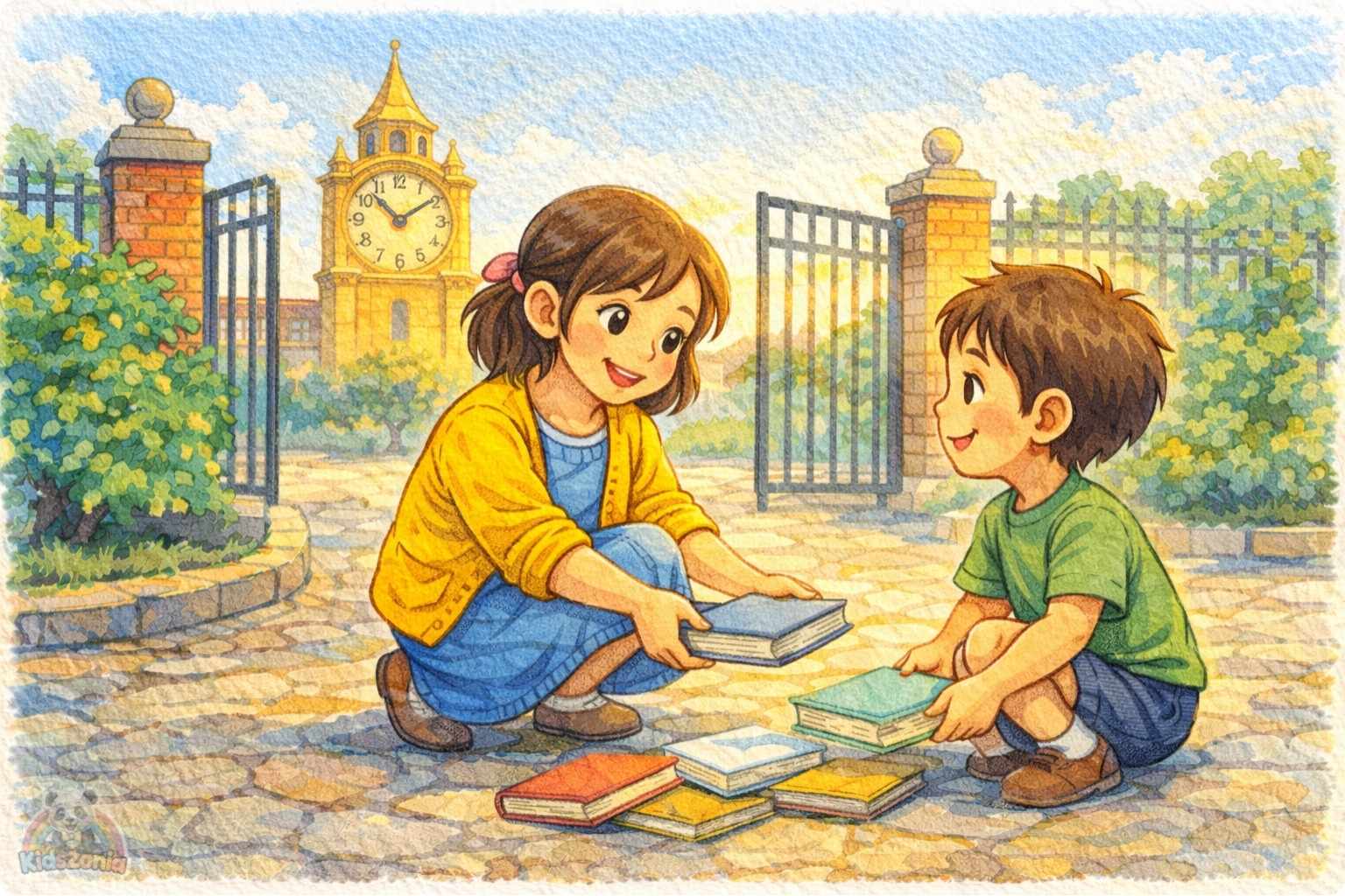 Lina helping people in Silverbell as the golden kindness clock tower begins ticking again, showing kindness, empathy, community care, and positive change.