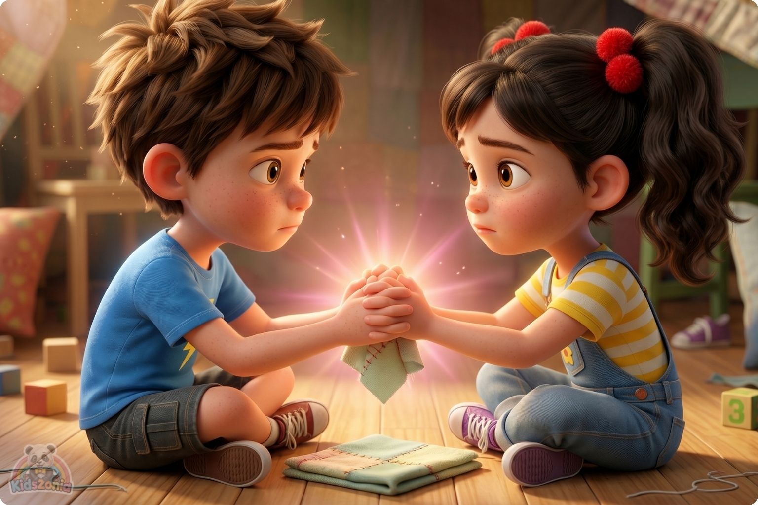 Leo and Maya rebuilding a blanket fort together after a mistake, showing big feelings, apology, teamwork, respect, and friendship repair.
