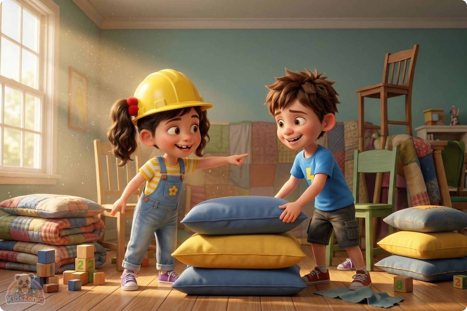 Leo and Maya rebuilding a blanket fort together after a mistake, showing big feelings, apology, teamwork, respect, and friendship repair.