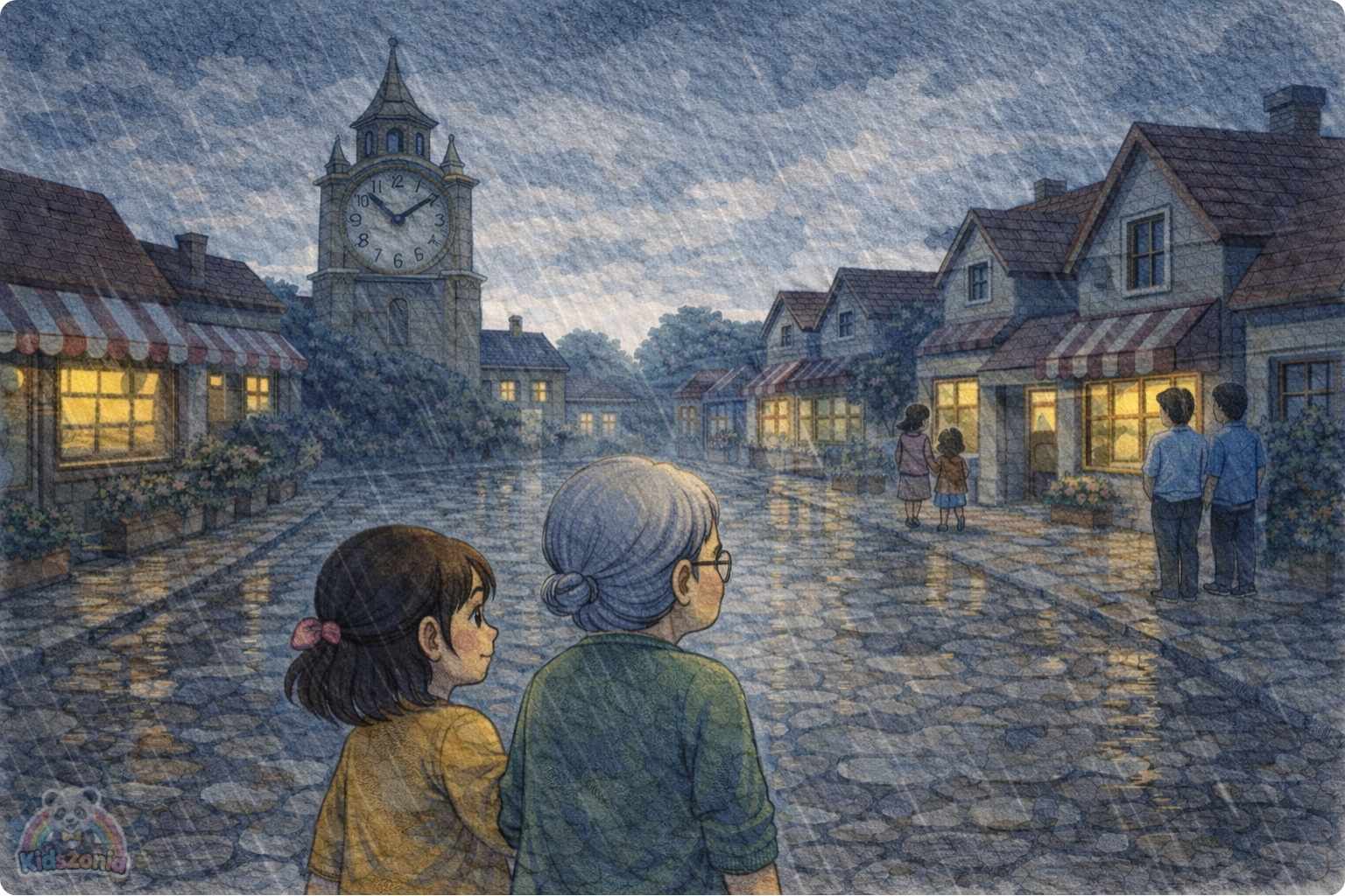 Lina helping people in Silverbell as the golden kindness clock tower begins ticking again, showing kindness, empathy, community care, and positive change.
