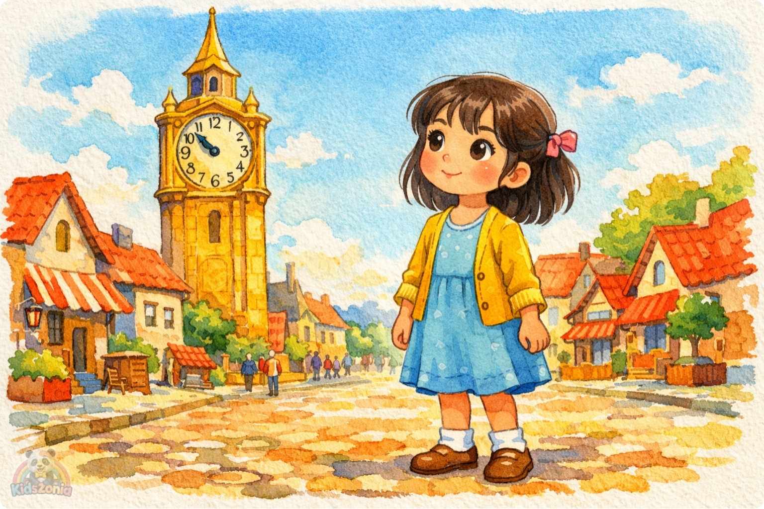 Lina helping people in Silverbell as the golden kindness clock tower begins ticking again, showing kindness, empathy, community care, and positive change.