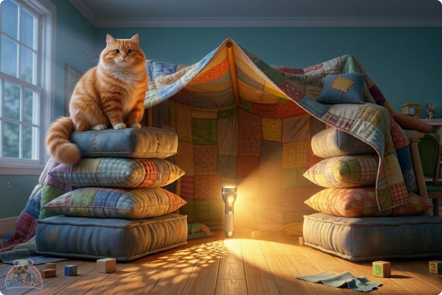 Leo and Maya rebuilding a blanket fort together after a mistake, showing big feelings, apology, teamwork, respect, and friendship repair.