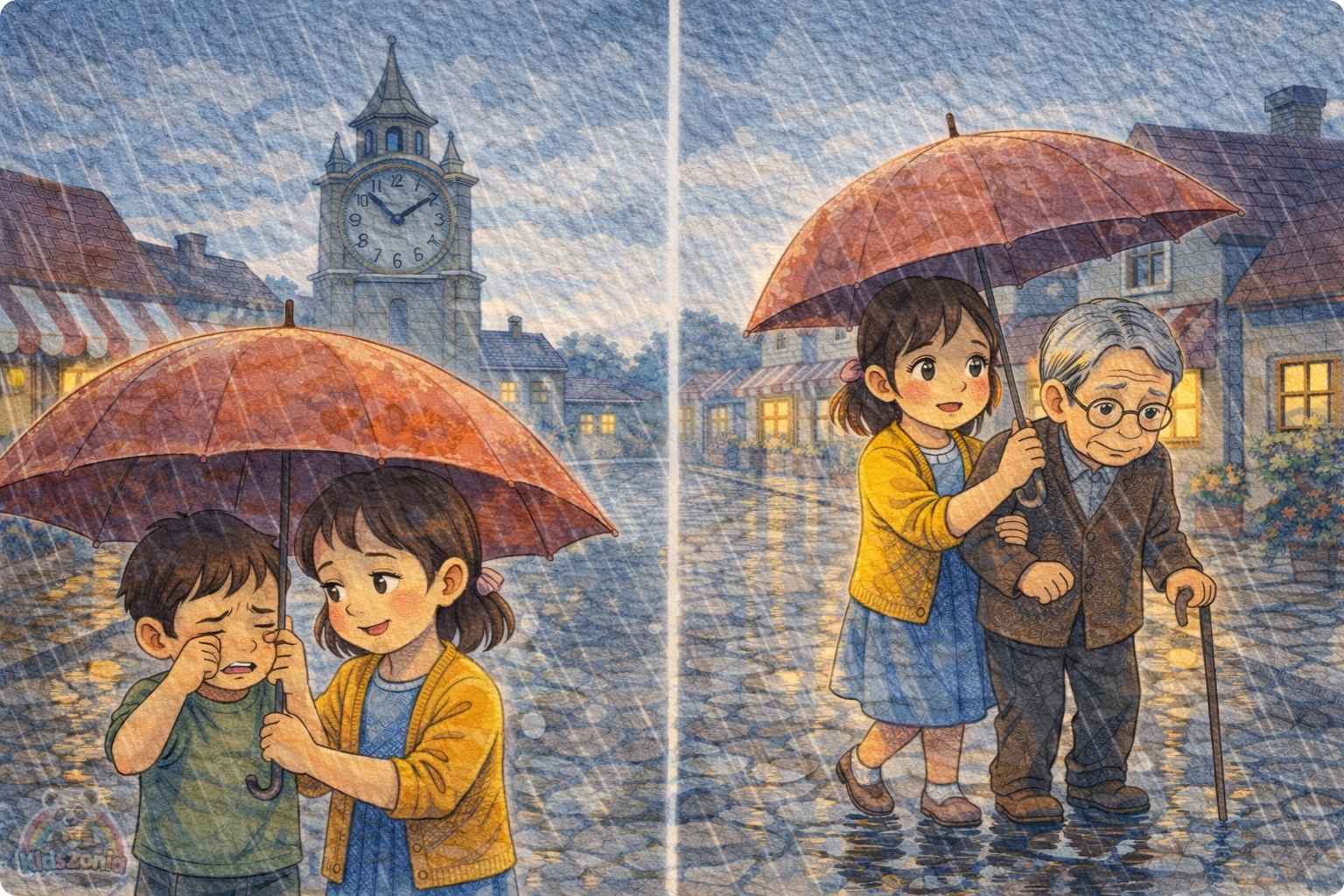 Lina helping people in Silverbell as the golden kindness clock tower begins ticking again, showing kindness, empathy, community care, and positive change.