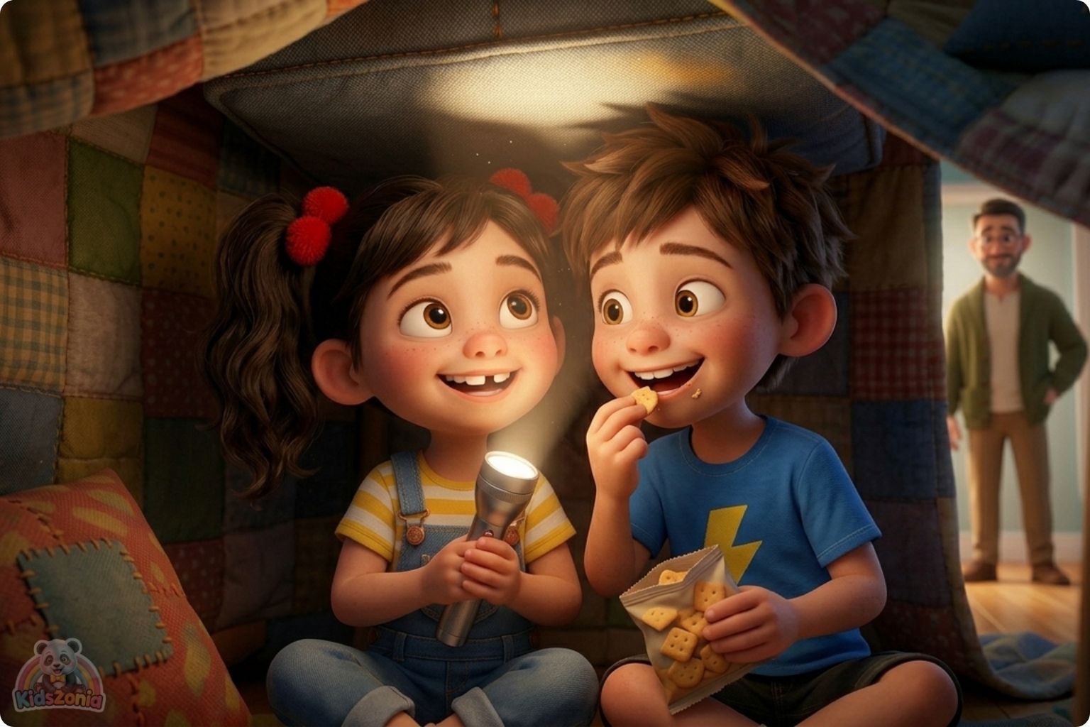 Leo and Maya rebuilding a blanket fort together after a mistake, showing big feelings, apology, teamwork, respect, and friendship repair.